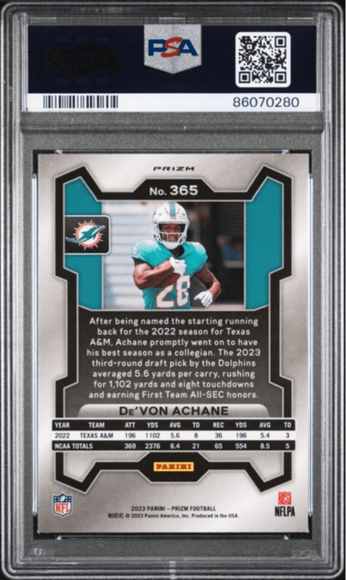 Graded 2023 Panini Prizm Devon Achane #365 Lazer Rookie RC Football Card PSA 10 Gem Mint