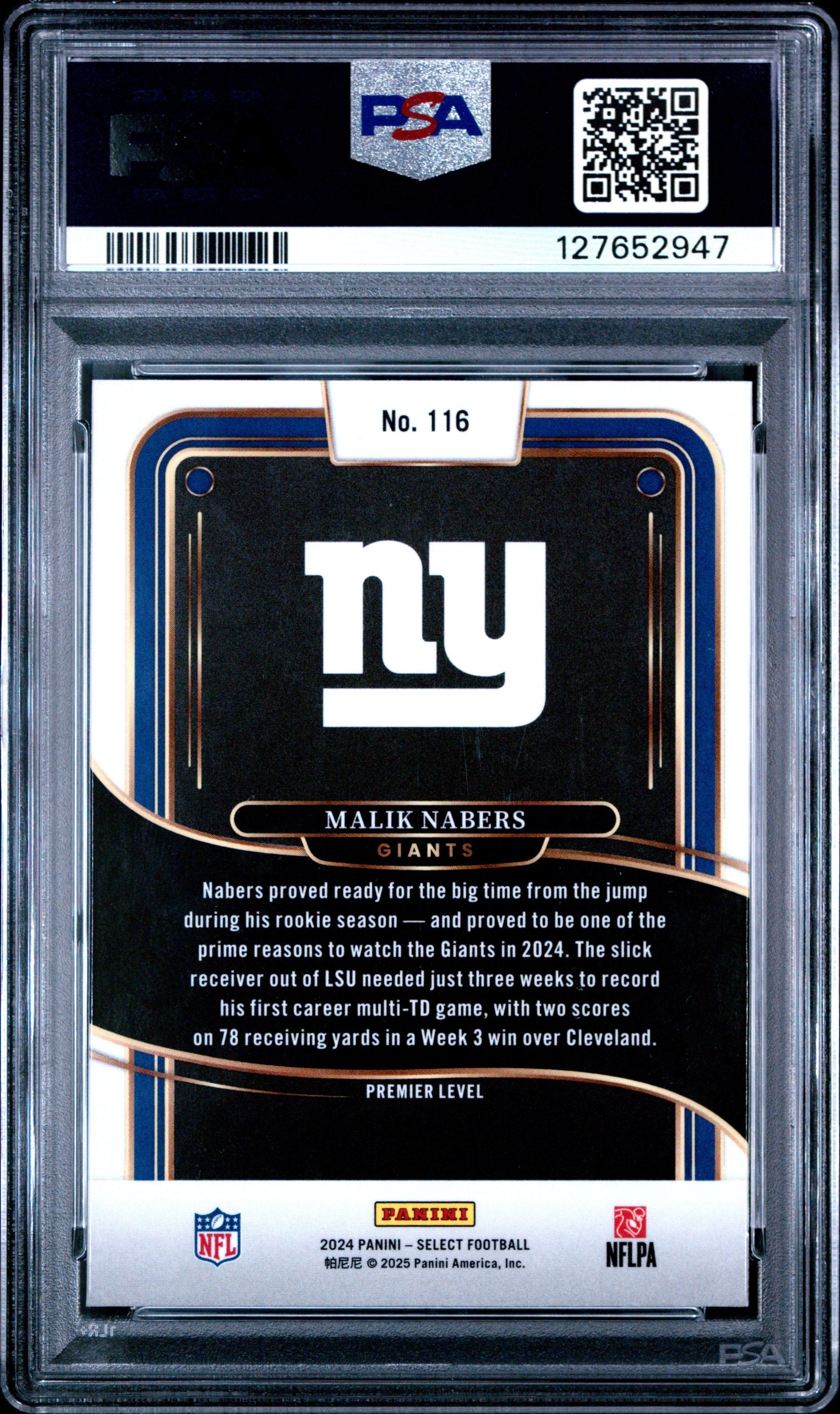 Graded 2024 Panini Select Malik Nabers #116 Rookie RC Football Card PSA 9 Mint