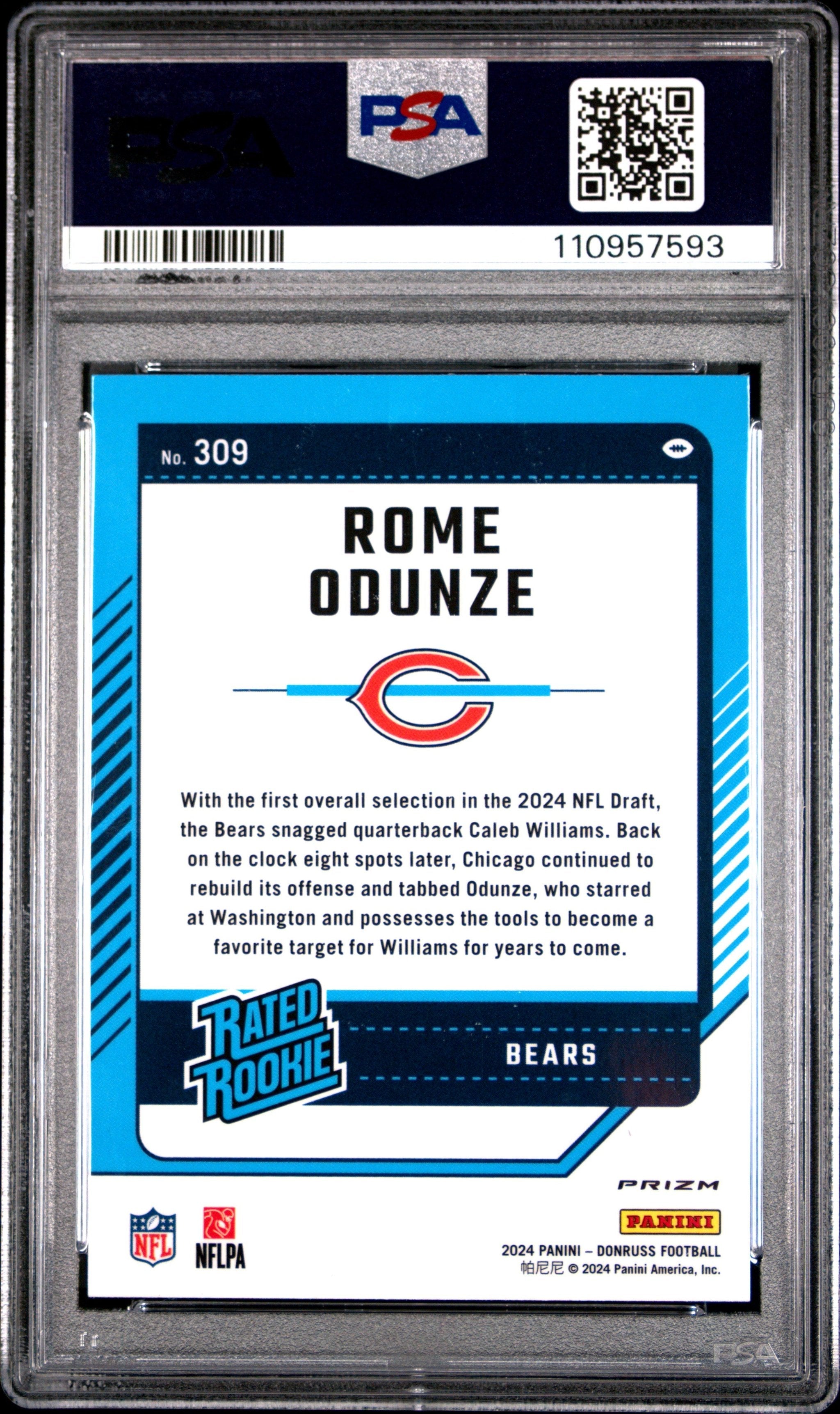 Graded 2024 Panini Donruss Rome Odunze #309 Optic Preview Pink Rookie RC Football Card PSA 10 Gem Mint