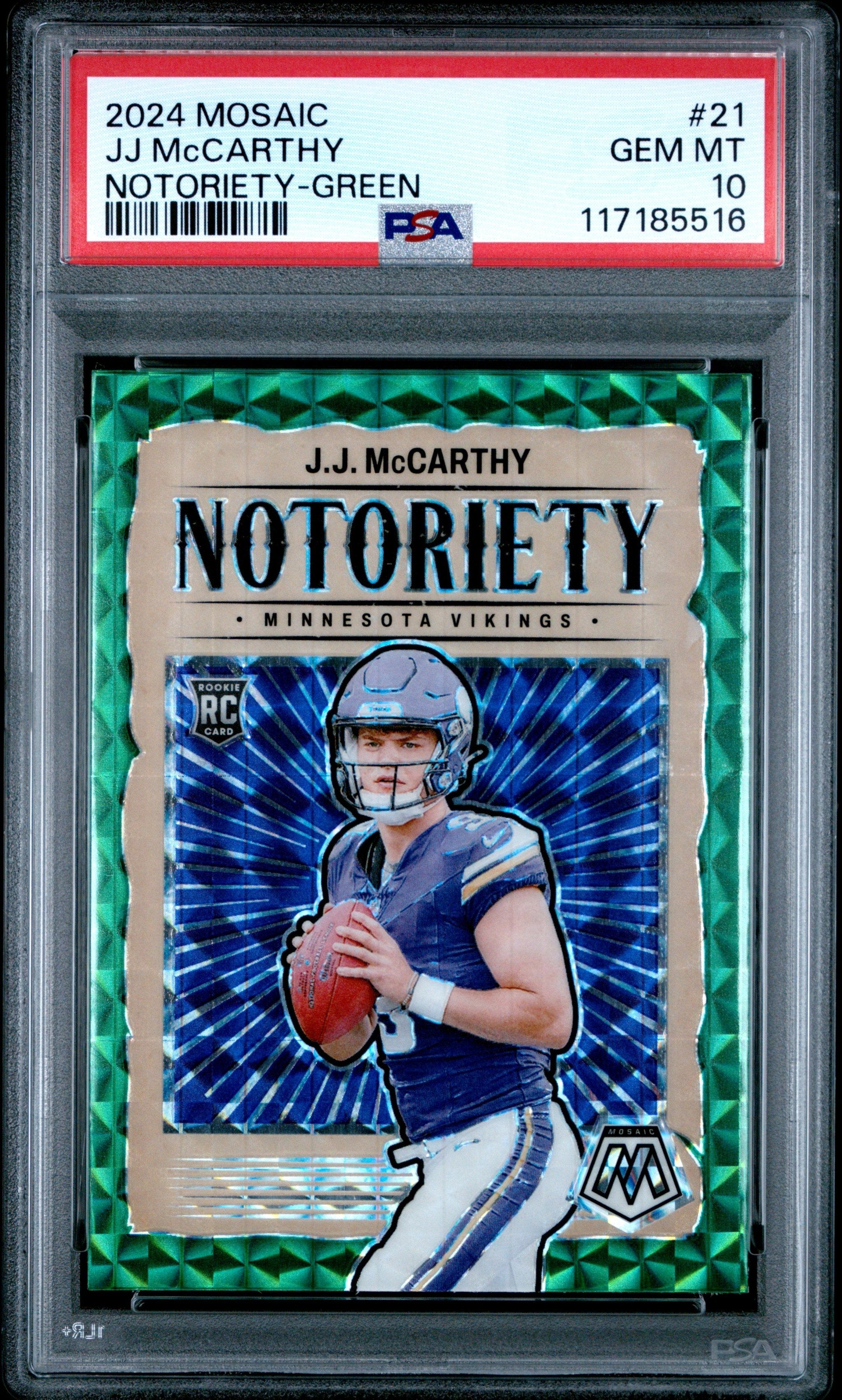 Graded 2024 Panini Mosaic JJ McCarthy #21 Notoriety Green Rookie RC Football Card PSA 10 Gem Mint