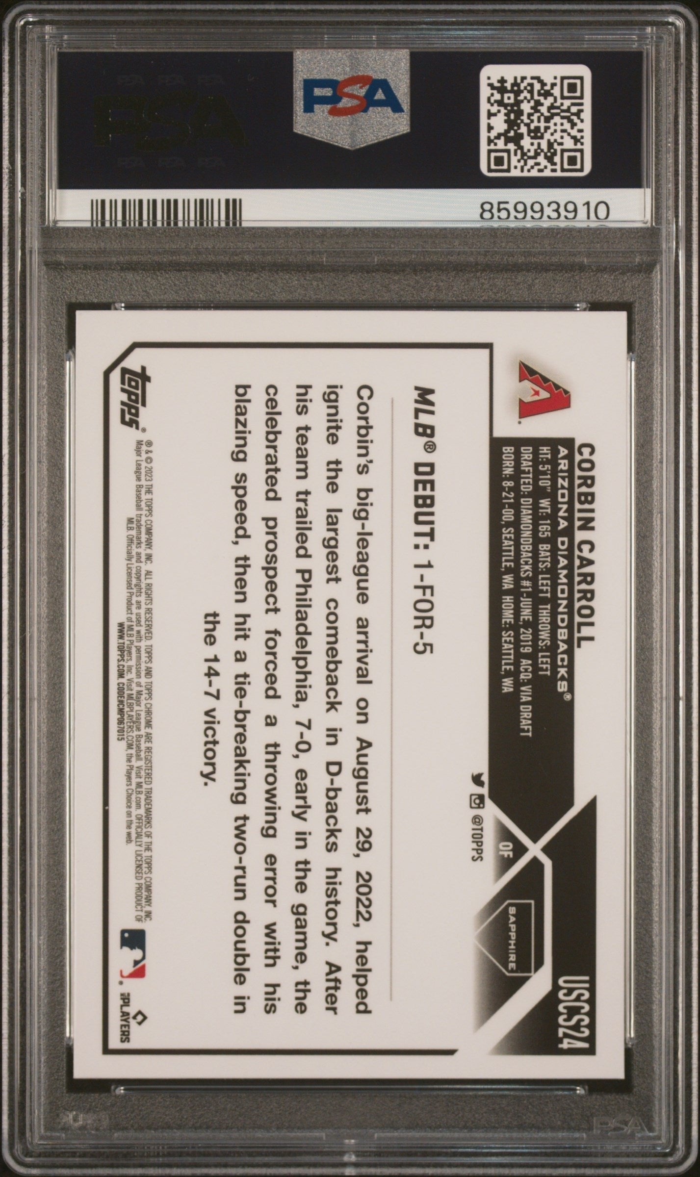 Graded 2023 Topps Chrome Update Sapphire Edition Corbin Carroll #24 Rookie RC Baseball Card PSA 10 Gem Mint