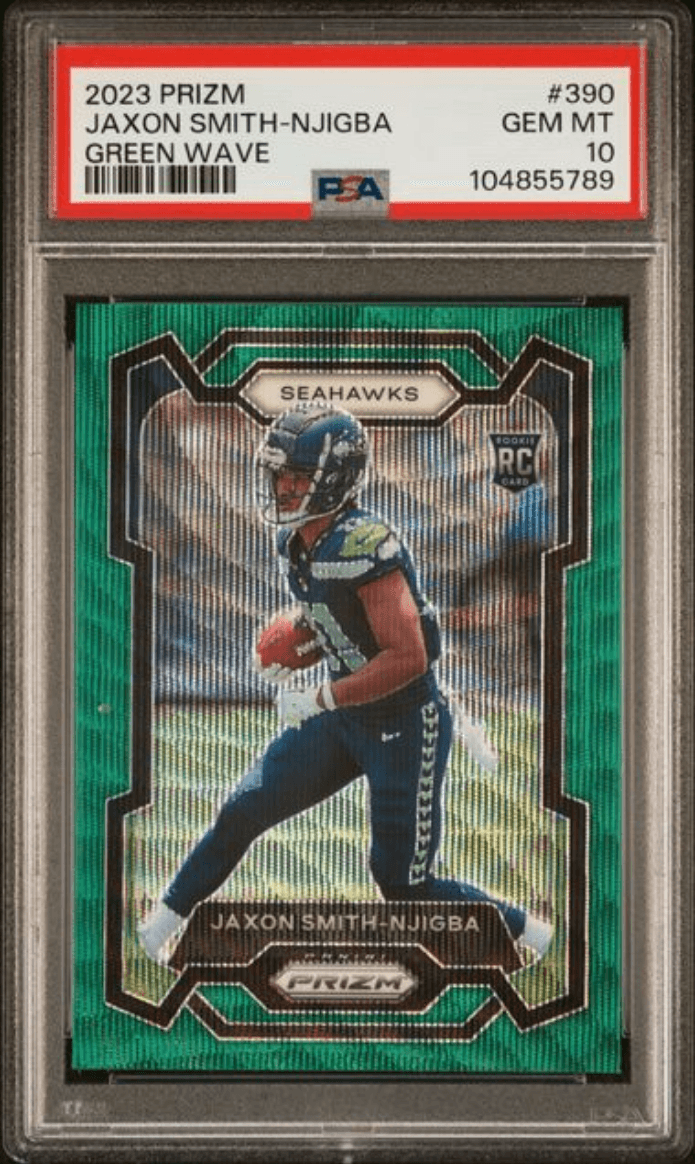 Graded 2023 Panini Prizm Jaxon Smith-Njigba #390 Green Wave Rookie RC Football Card PSA 10 Gem Mint