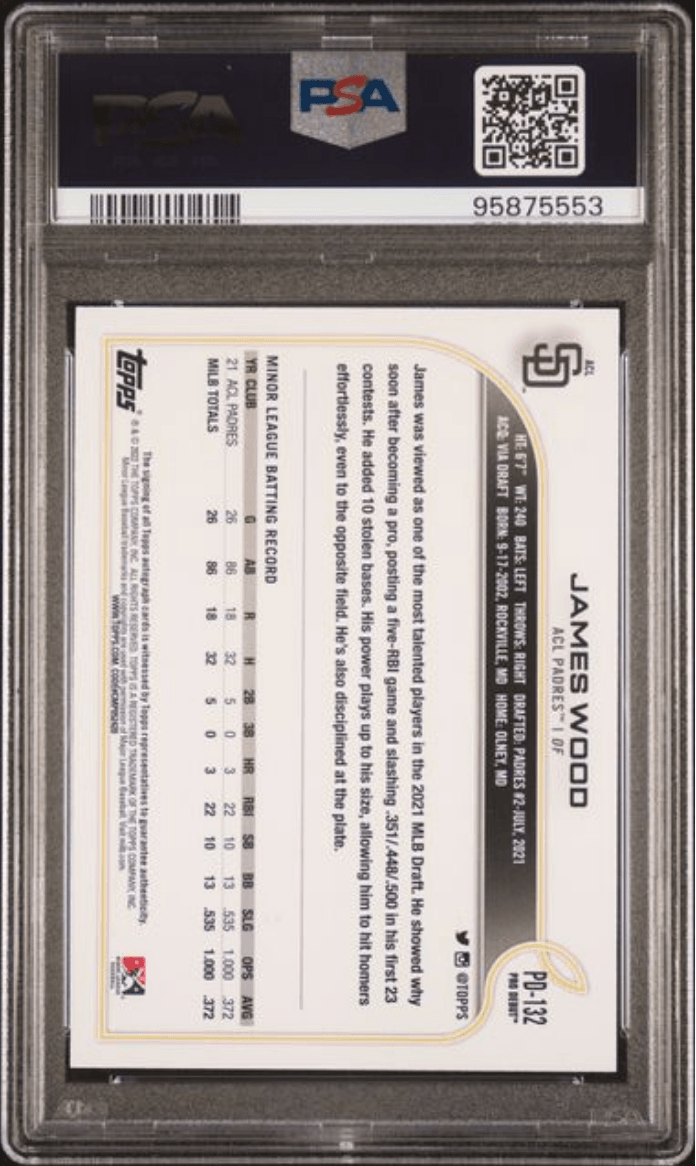 Graded 2022 Topps Pro Debut James Wood #PD132 Autograph Rookie RC Baseball Card PSA 10 Gem Mint