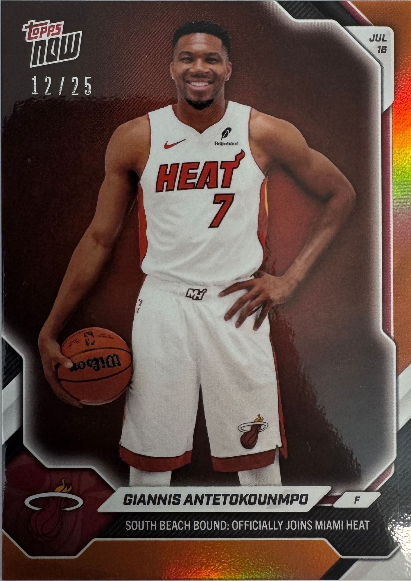 2026 Topps Now Giannis Antetokounmpo #OS02 Orange Foil /25 South Beach Bound: Officially Joins Miami Heat Basketball Card