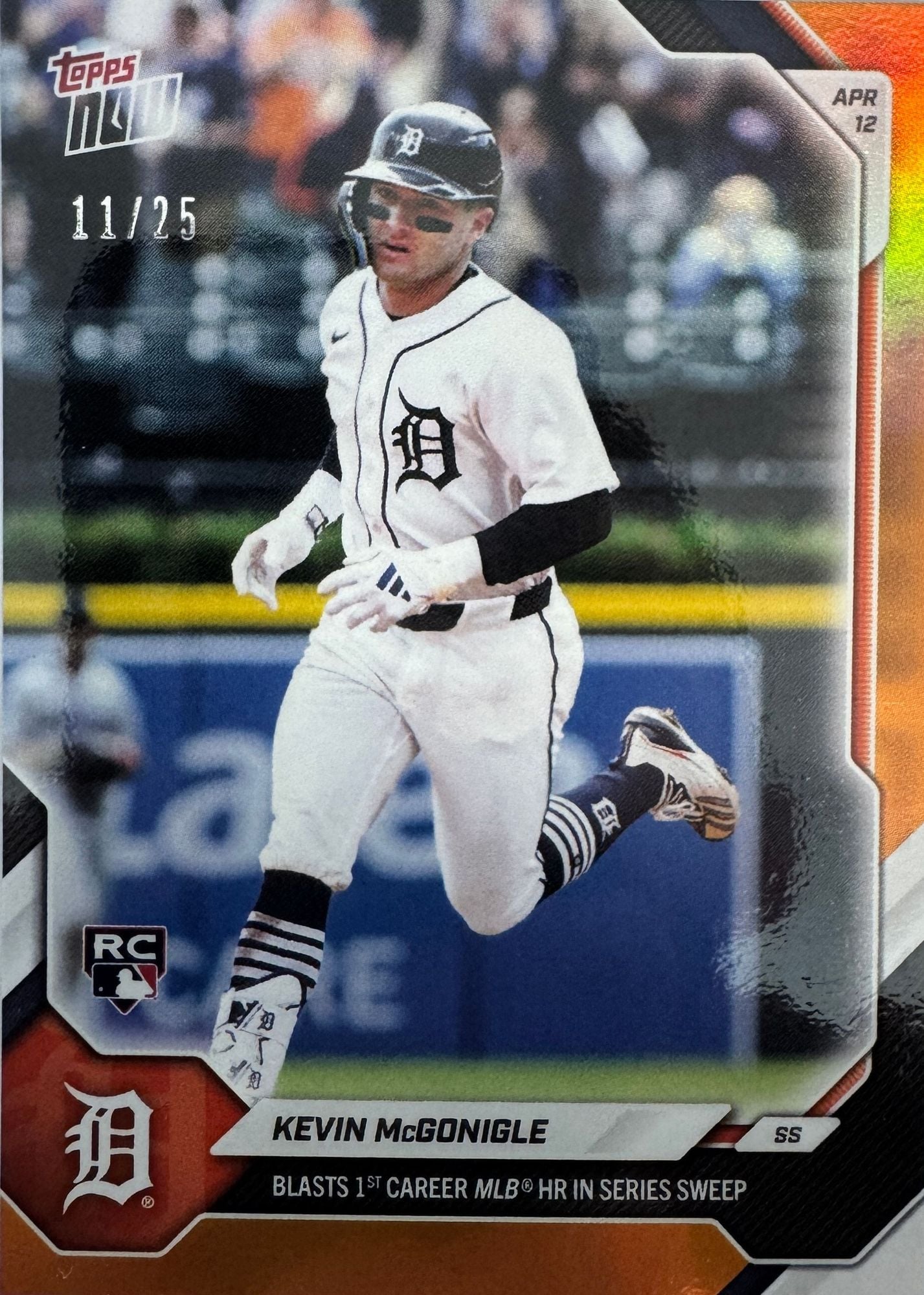 2026 Topps Now Kevin McGonigle #75 Orange Foil /25 Blasts 1st Carer MLB Home Run in Series Sweep Detroit Tigers Rookie RC Baseball Card