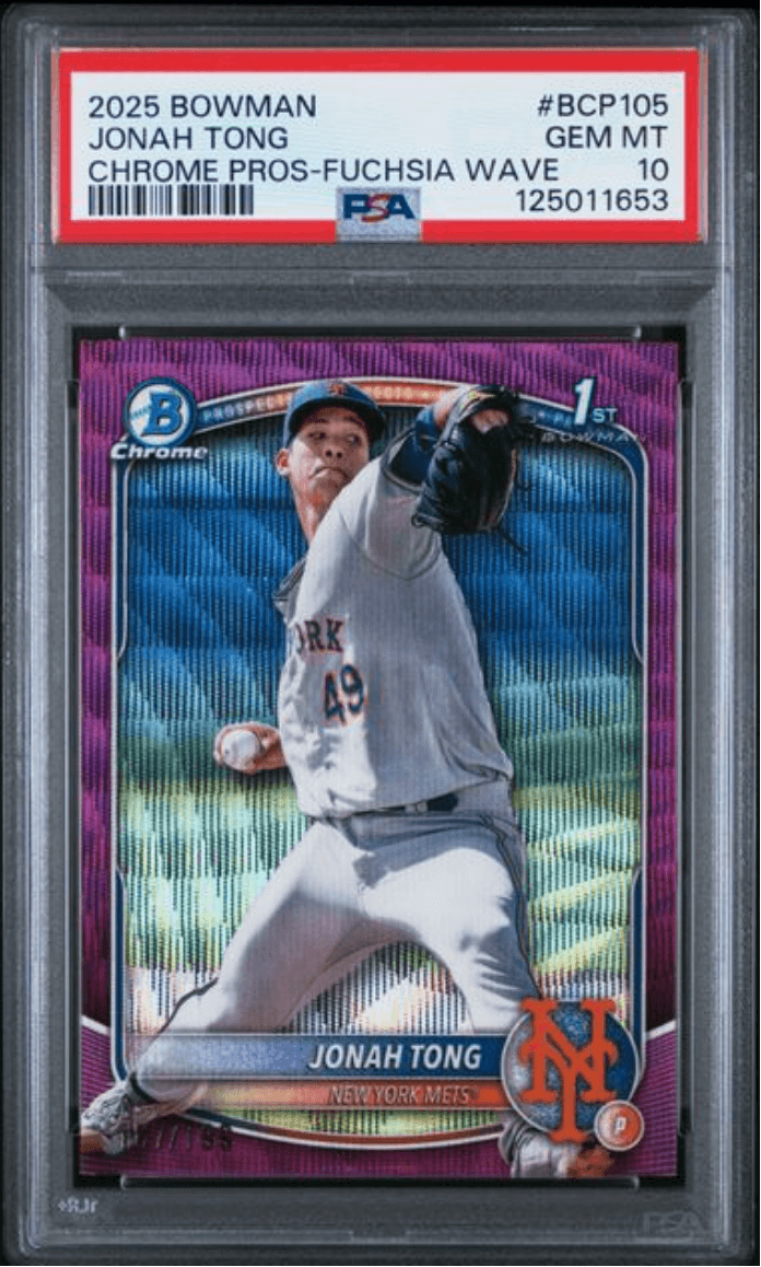 Graded 2025 Topps Bowman Jonah Tong #BCP105 Chrome Prospects Fuschia Wave /199 Rookie RC Baseball Card PSA 10 Gem Mint
