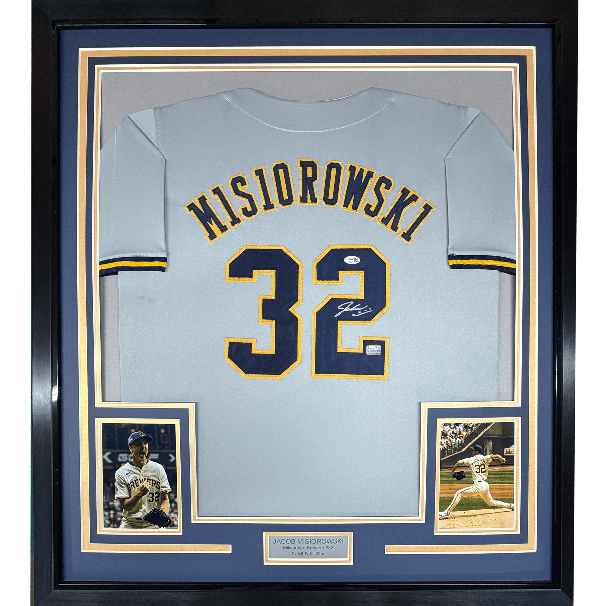 Framed Autographed/Signed Jacob Misiorowski 35x39 Milwaukee Grey Baseball Jersey JSA COA