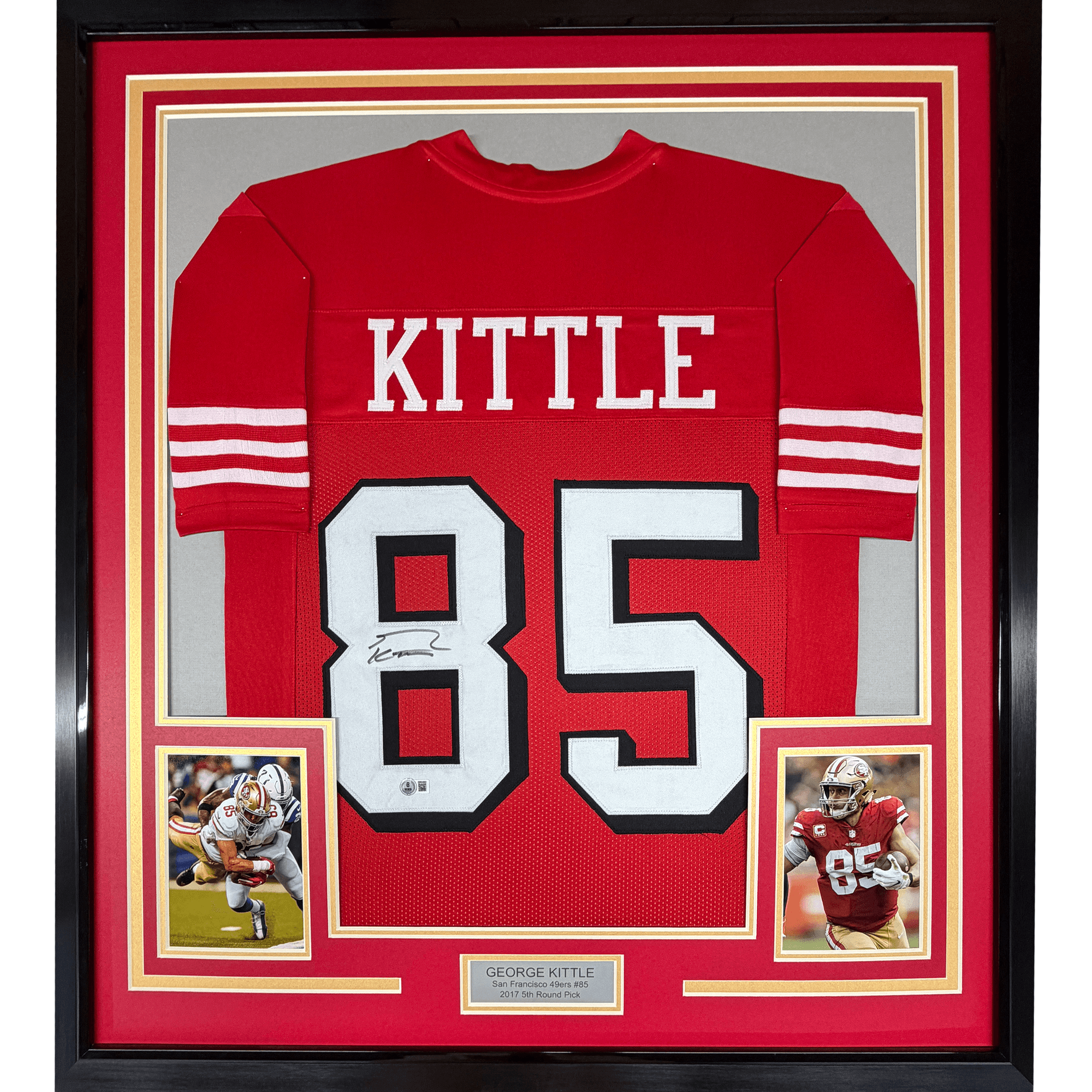 Framed Autographed/Signed George Kittle 35x39 San Francisco Red Alternate Football Jersey Beckett BAS COA