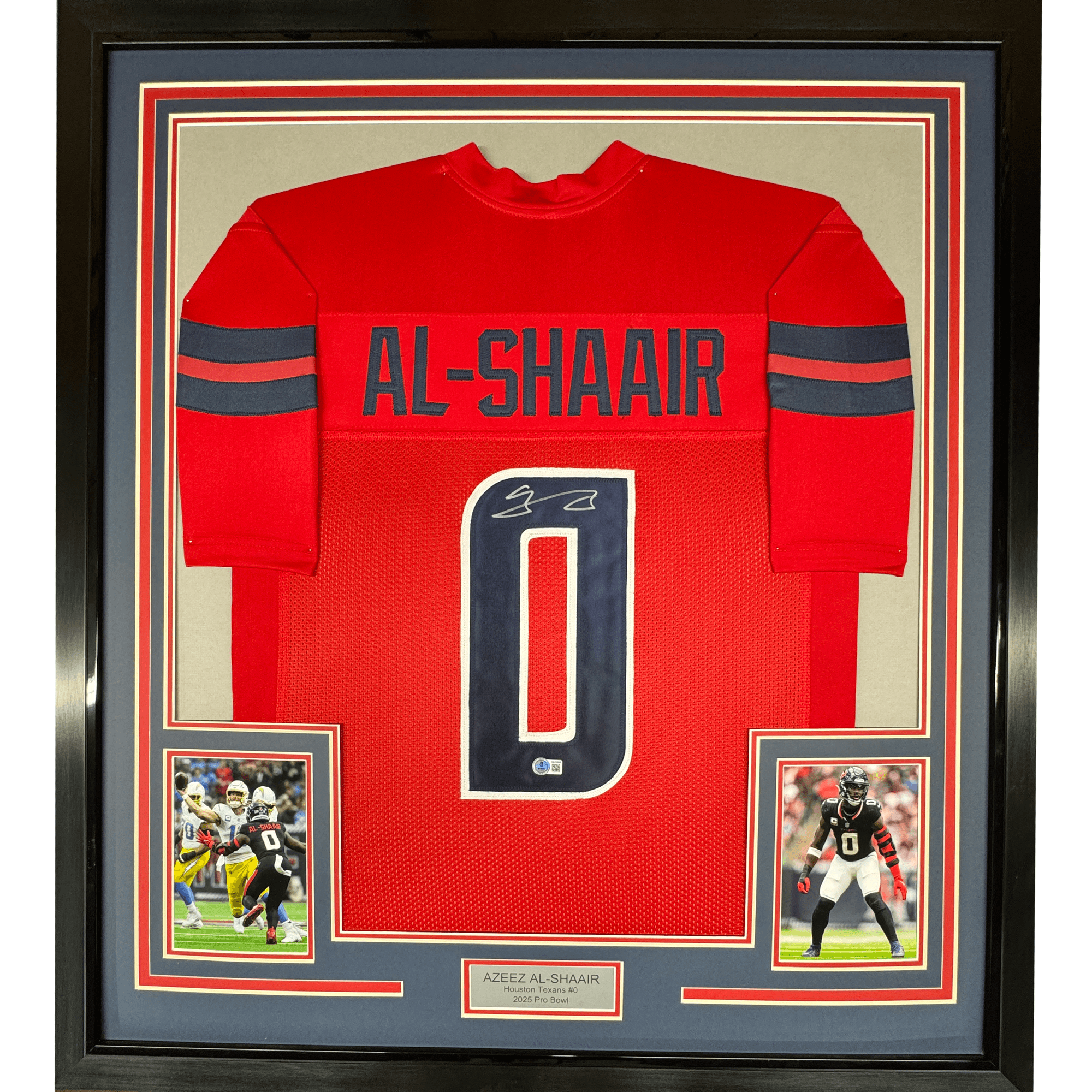 Framed Autographed/Signed Azeez Al Shaair 35x39 Houston Red Football Jersey Beckett BAS COA