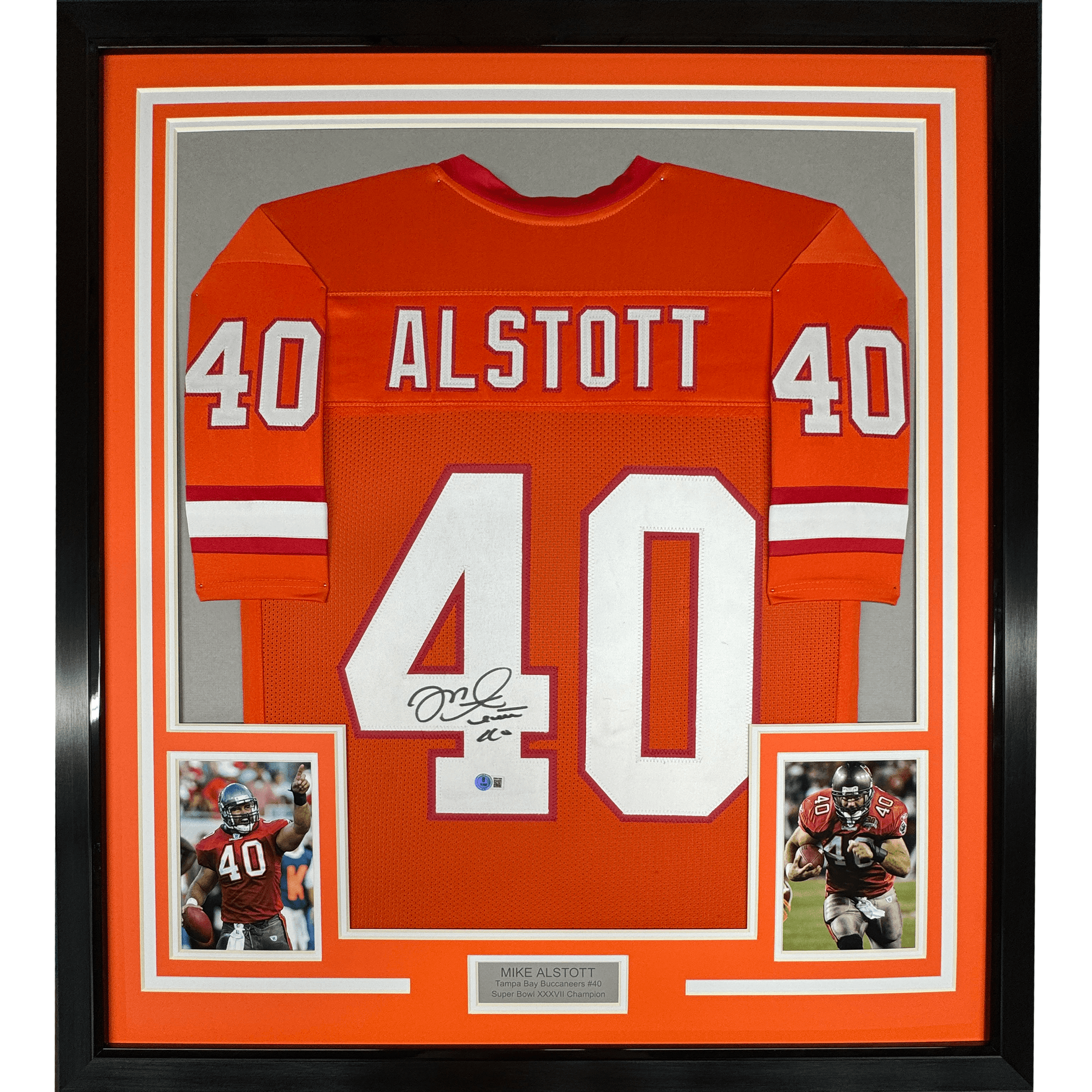Framed Autographed/Signed Mike Alstott 35x39 Tampa Bay Orange Creamsicle Football Jersey Beckett BAS COA