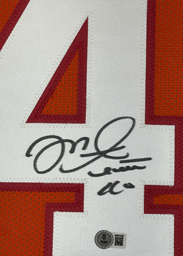 Framed Autographed/Signed Mike Alstott 35x39 Tampa Bay Orange Creamsicle Football Jersey Beckett BAS COA