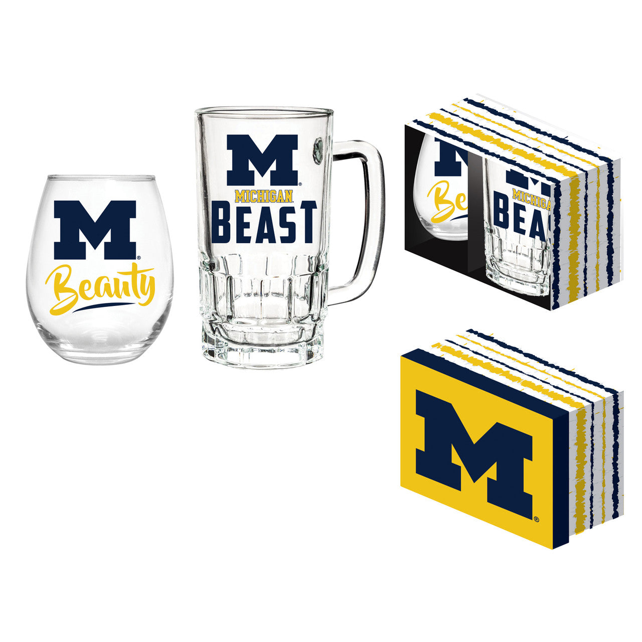 Michigan Wolverines Drink Set Boxed 17oz Stemless Wine and 16oz Tankard - Sports Collectibles, Sports Memorabilia, Sports Fan Shop, Sports Gifts
