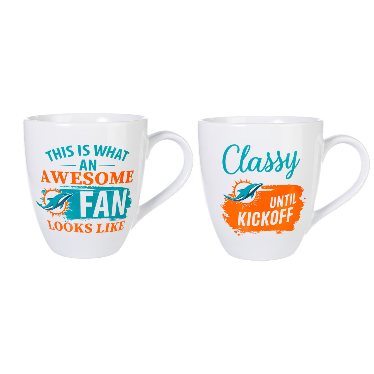 Miami Dolphins Coffee Mug 17oz Ceramic 2 Piece Set with Gift Box - Sports Collectibles, Sports Memorabilia, Sports Fan Shop, Sports Gifts