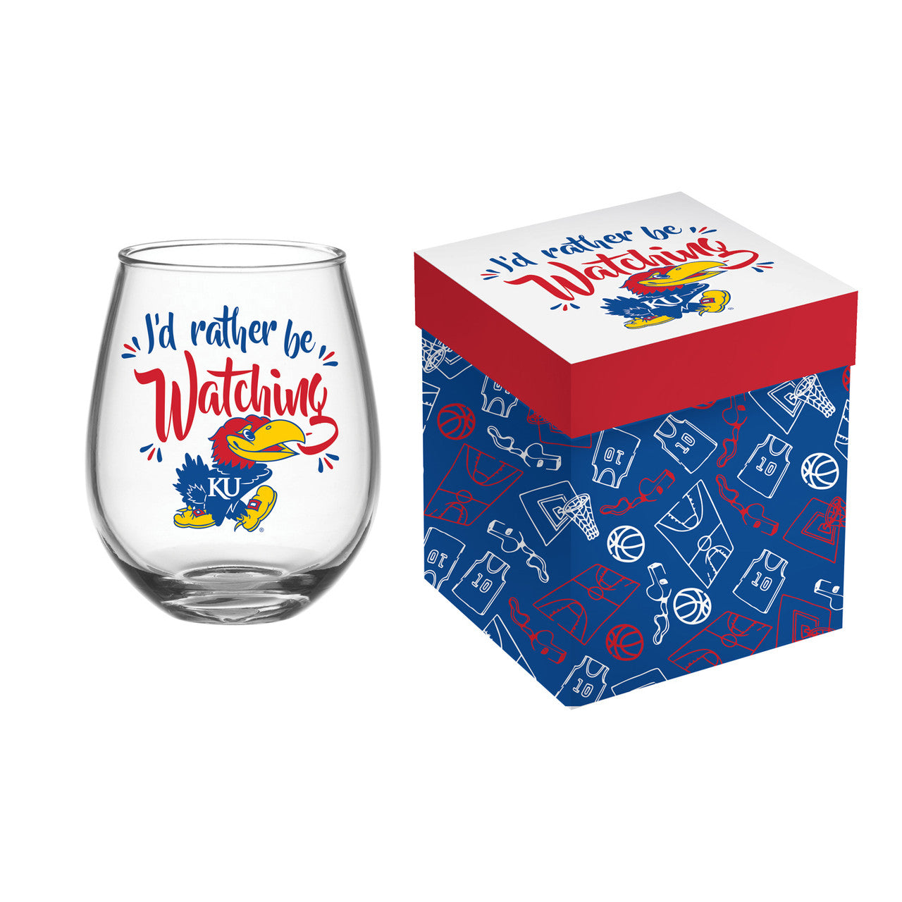 Kansas Jayhawks Glass 17oz Wine Stemless Boxed - Sports Collectibles, Sports Memorabilia, Sports Fan Shop, Sports Gifts