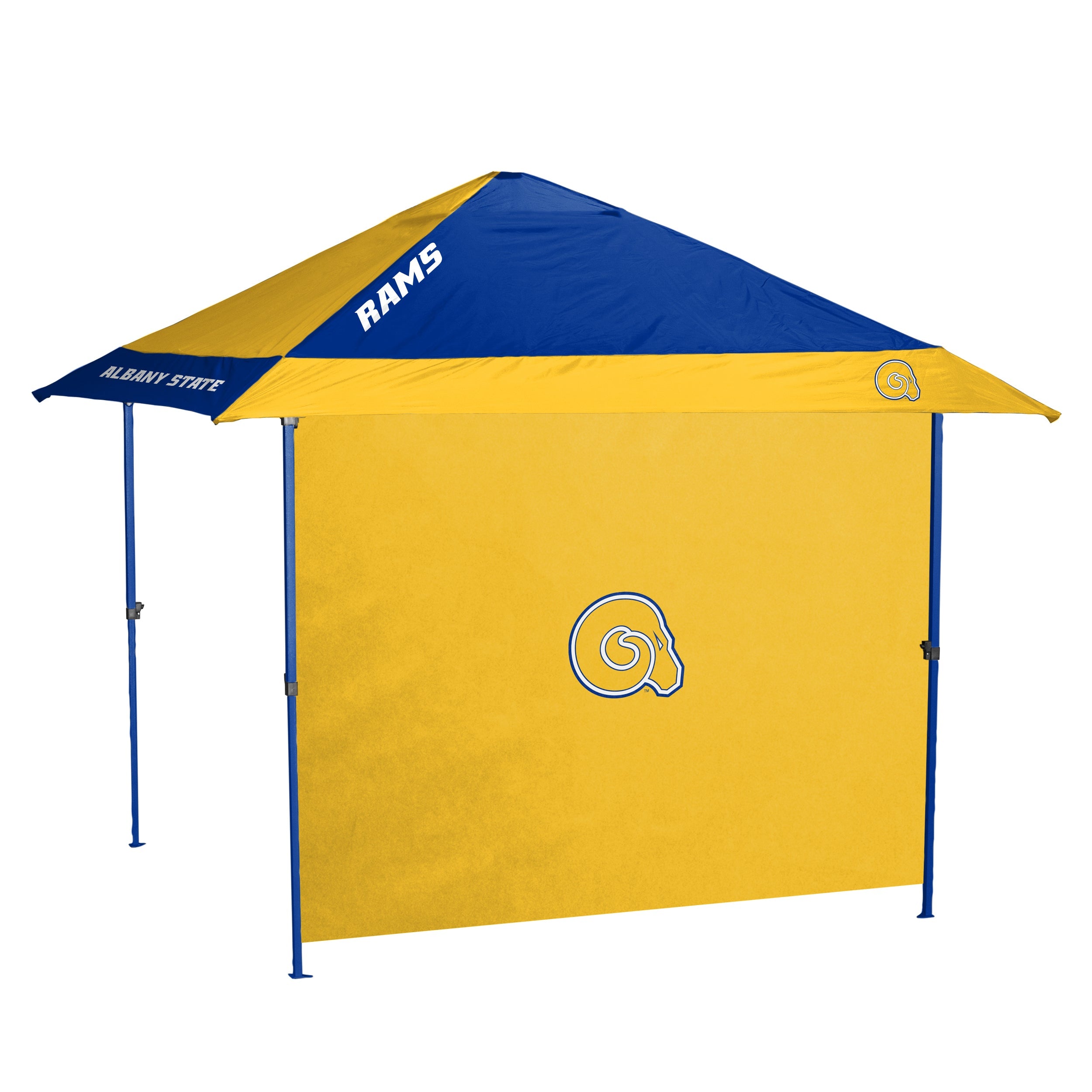 The Albany State 12x12 Pagoda Canopy is a durable, colorful tailgate tent featuring a steel frame, three height adjustments, and a water-resistant canopy with team designs. It offers 144 sq. ft. of coverage and includes a side panel for added privacy.
