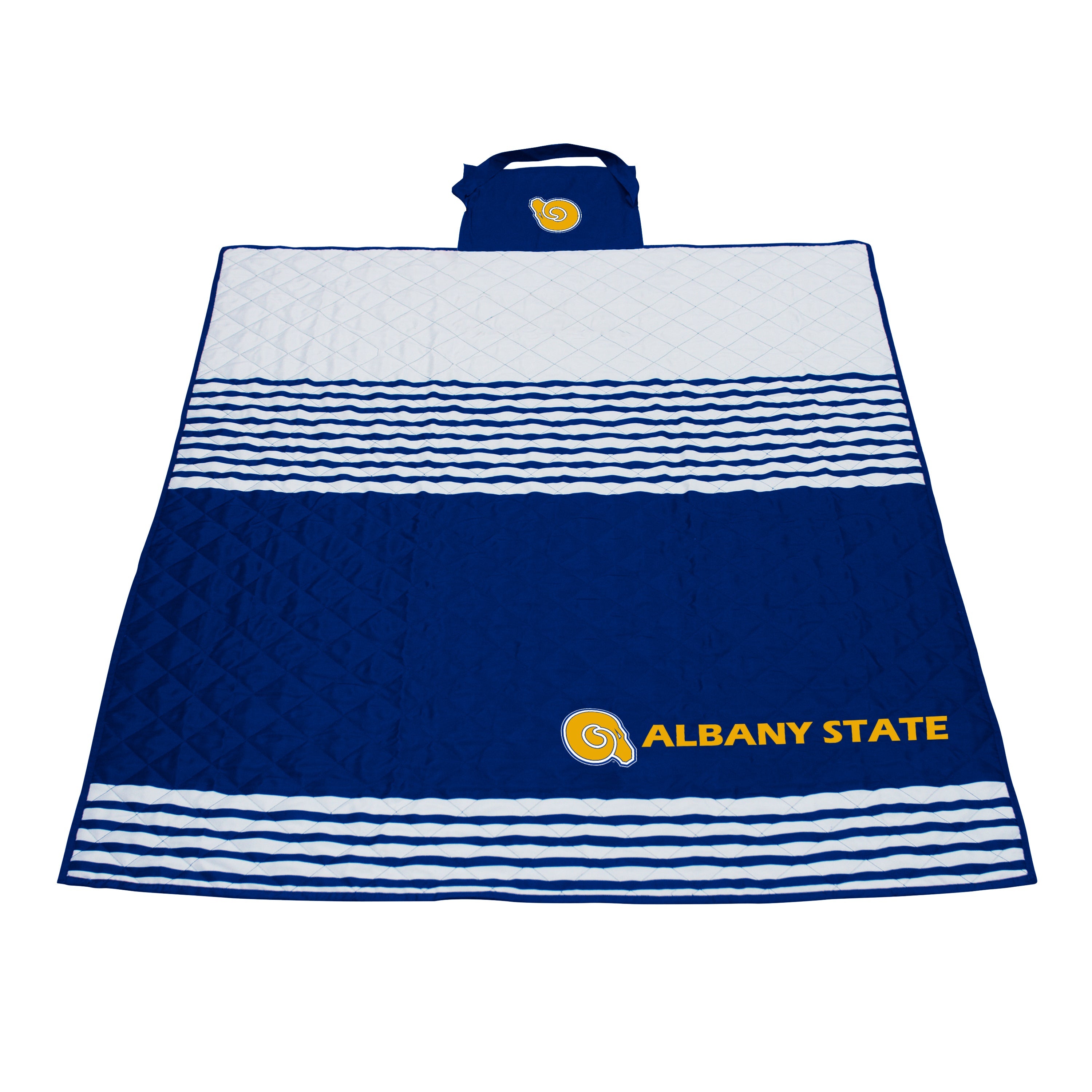 The Albany State Outdoor Blanket is ideal for tailgating and outdoor events. Measuring 60" x 70", it features a striped design in team colors, a mascot logo, and rolls up for easy transport with a handle. Perfect for sharing and showcasing team spirit.