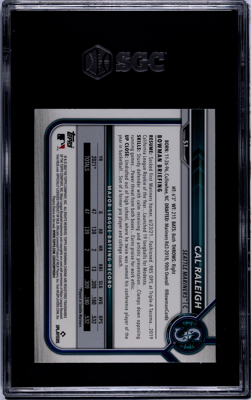 Graded 2022 Topps Bowman Chrome Cal Raleigh #51 Rookie RC Baseball Card SGC 9.5 Mint+