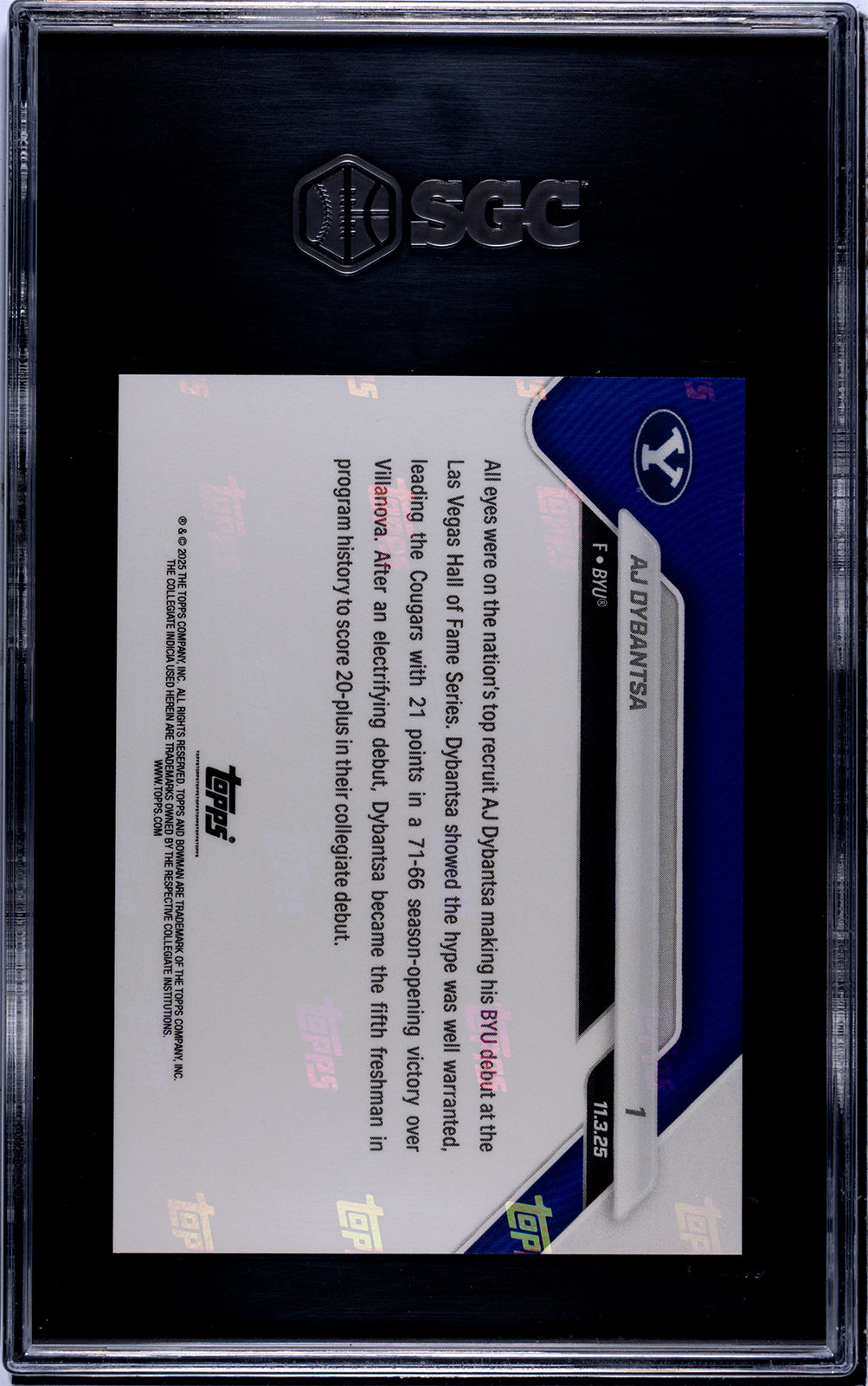 Graded 2025 Topps Bowman U Now AJ Dybantsa #1 Rookie RC Basketball Card SGC 9.5 Mint+