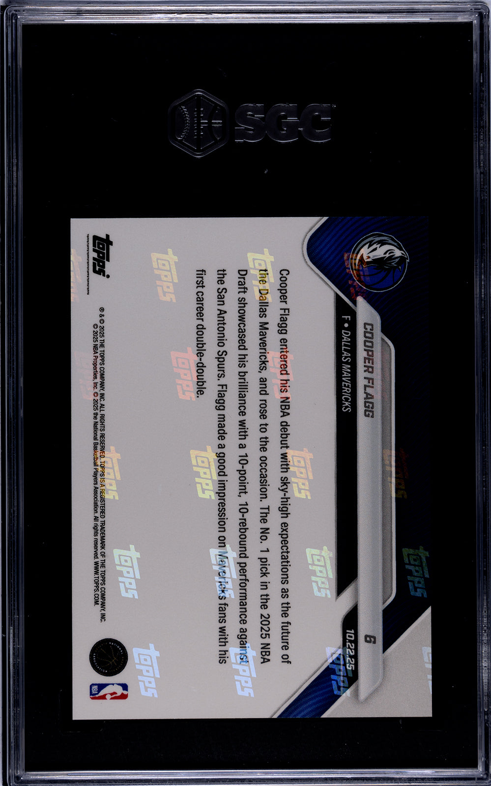 Graded 2025 Topps Now Cooper Flagg #6 Rookie RC Basketball Card SGC 9 Mint