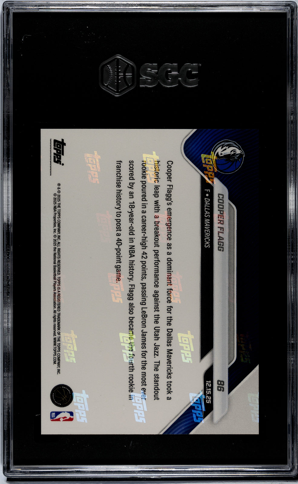 Graded 2025 Topps Now Cooper Flagg #86 Rookie RC Basketball Card SGC 9.5 Mint+