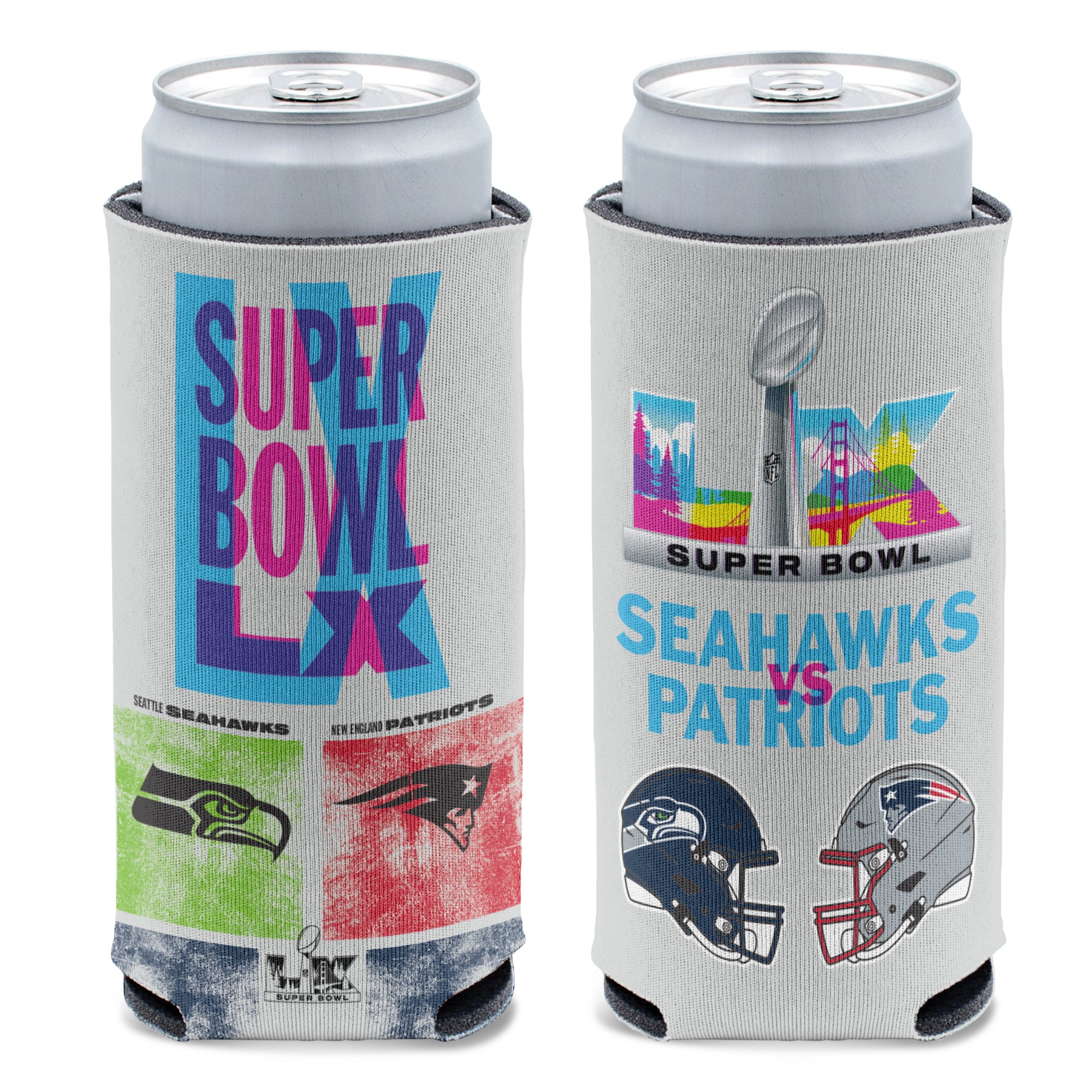Super Bowl LX Dueling Slim Can Cooler  - Seattle Seahawks v New England Patriots - Sports Gifts, Sports Memorabilia, Sports Collectibles, Fan Shop