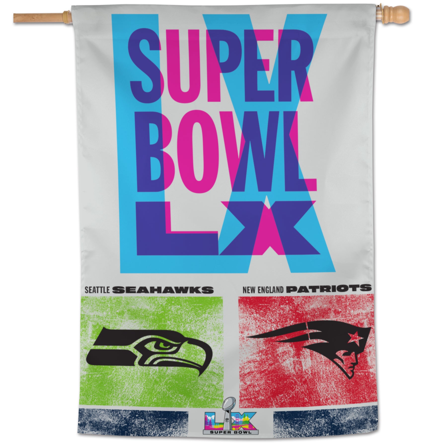Super Bowl LX 60 Dueling 28x40 House Banner Flag  - Seattle Seahawks v New England Patriots - Sports Gifts, Sports Memorabilia, Sports Collectibles, Fan Shop