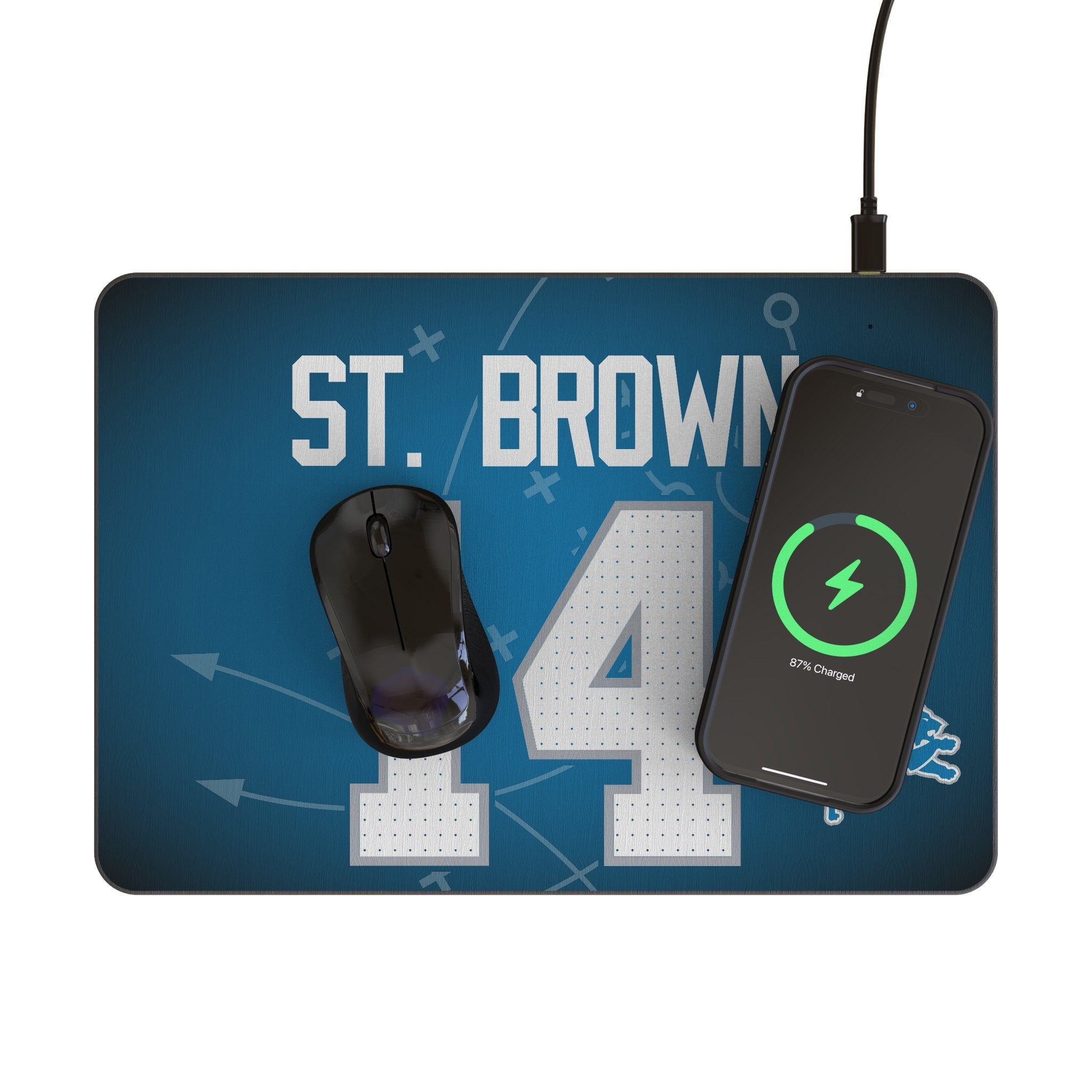 Amon-Ra St. Brown Detroit Lions 14 Game Tactic 15-Watt Wireless Charger and Mouse Pad - Sports Gifts, Sports Memorabilia, Sports Collectibles, Fan Shop