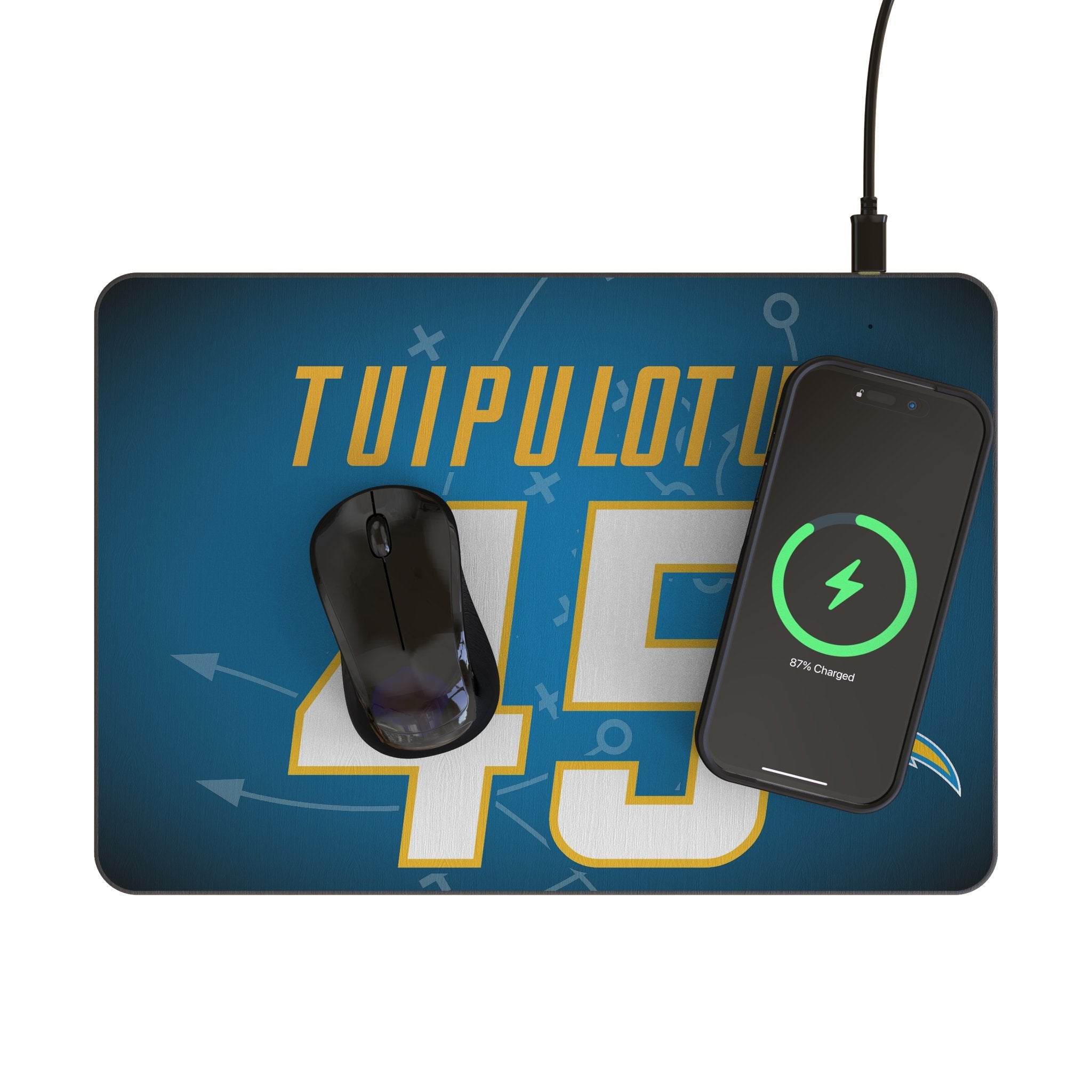 Tuli Tuipulotu Los Angeles Chargers 45 Game Tactic 15-Watt Wireless Charger and Mouse Pad - Sports Gifts, Sports Memorabilia, Sports Collectibles, Fan Shop