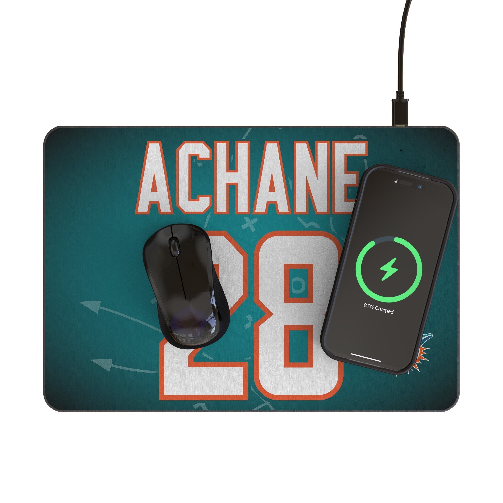 De'Von Achane Miami Dolphins 28 Game Tactic 15-Watt Wireless Charger and Mouse Pad - Sports Gifts, Sports Memorabilia, Sports Collectibles, Fan Shop