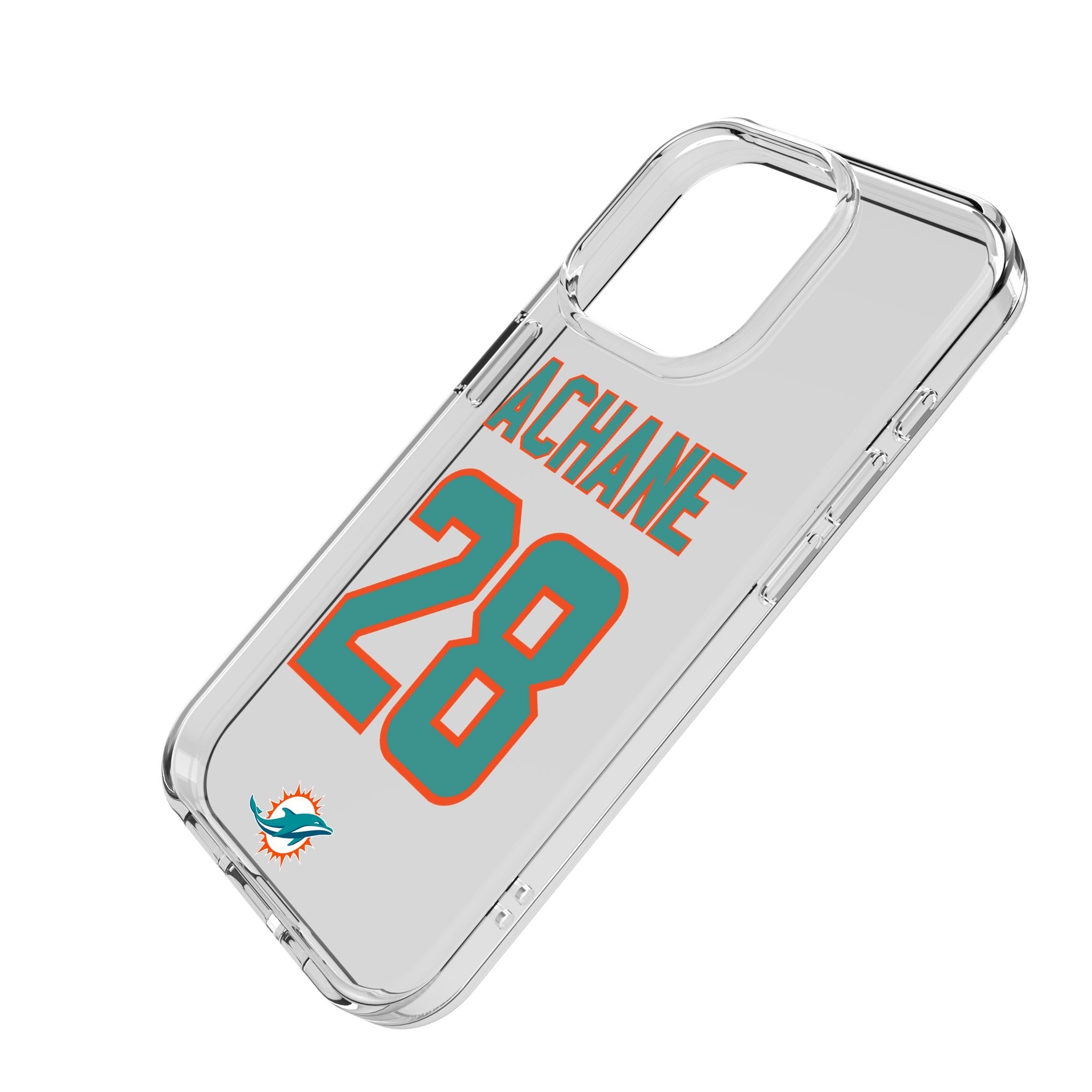De'Von Achane Miami Dolphins 28 Game Tactic Clear Phone Case for Apple iPhone - Sports Gifts, Sports Memorabilia, Sports Collectibles, Fan Shop