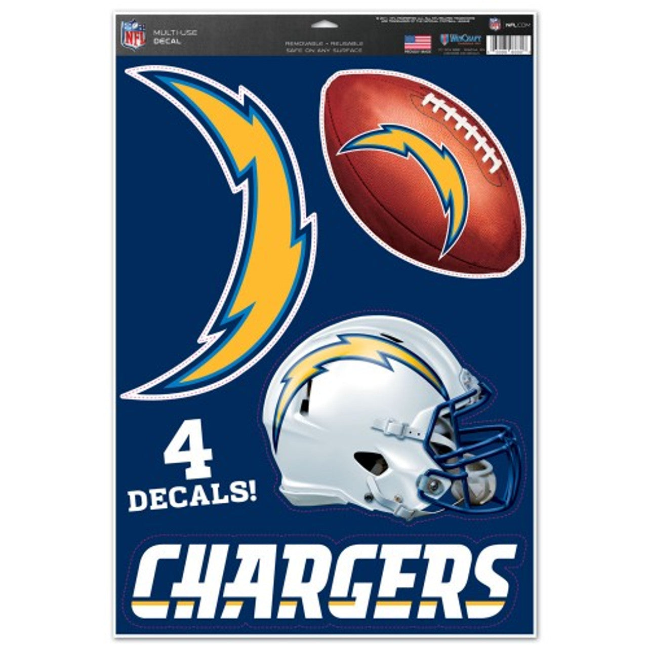 Los Angeles Chargers Decal 11x17 Multi Use Cut to Logo 4 Piece Special Order - Sports Collectibles, Sports Memorabilia, Sports Fan Shop, Sports Gifts
