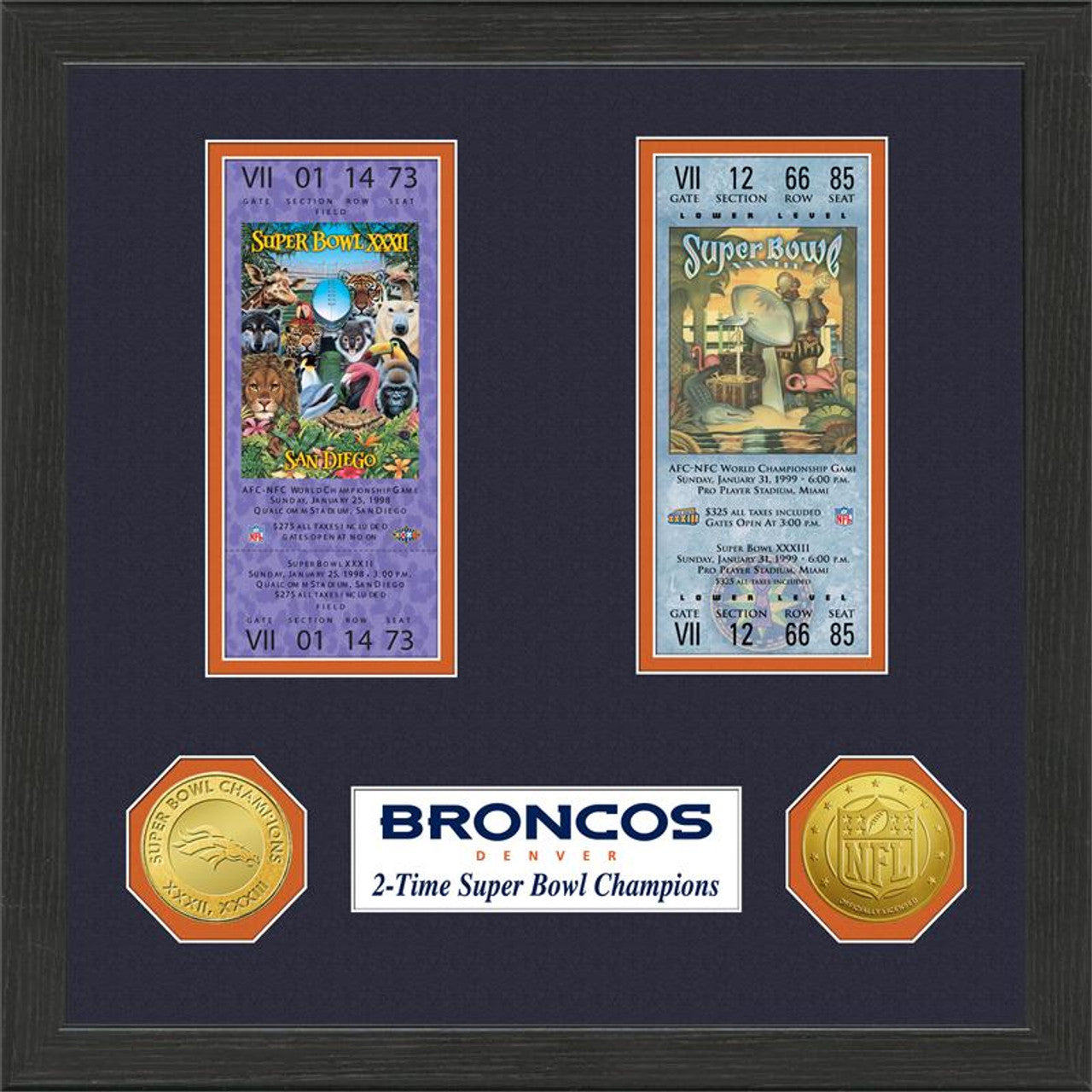 Denver Broncos Super Bowl Ticket Collection Plaque - Sports Collectibles, Sports Memorabilia, Sports Fan Shop, Sports Gifts