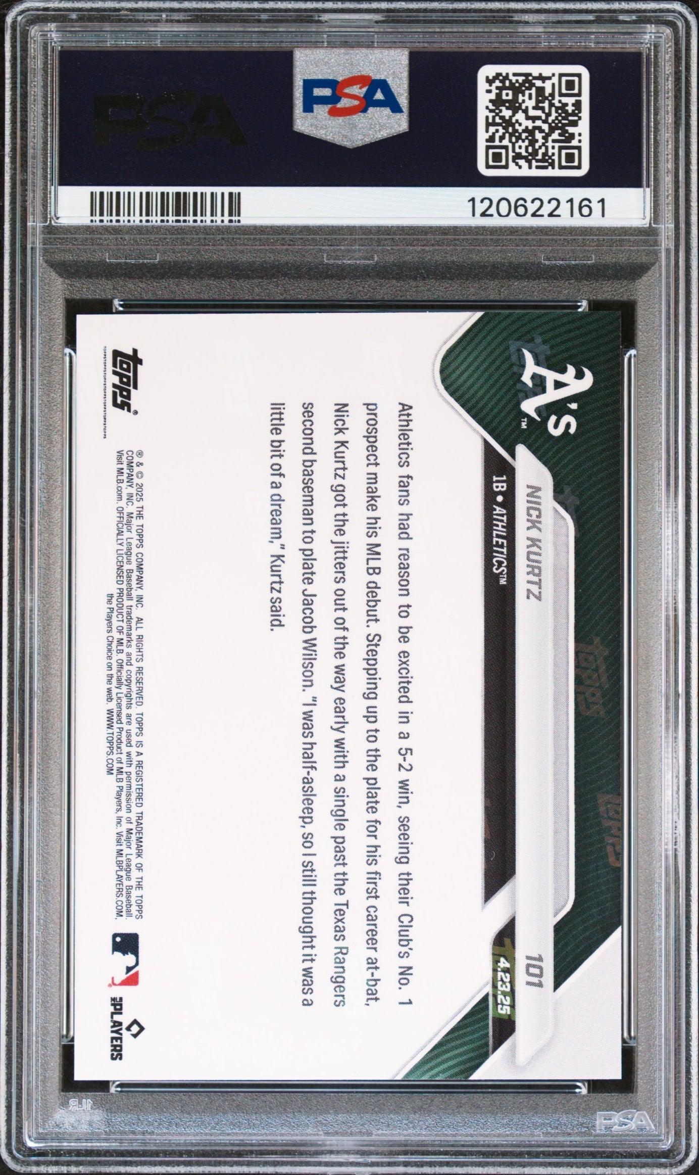 Graded 2025 Topps Now Nick Kurtz #101 Rookie RC Baseball Card PSA 9 Mint
