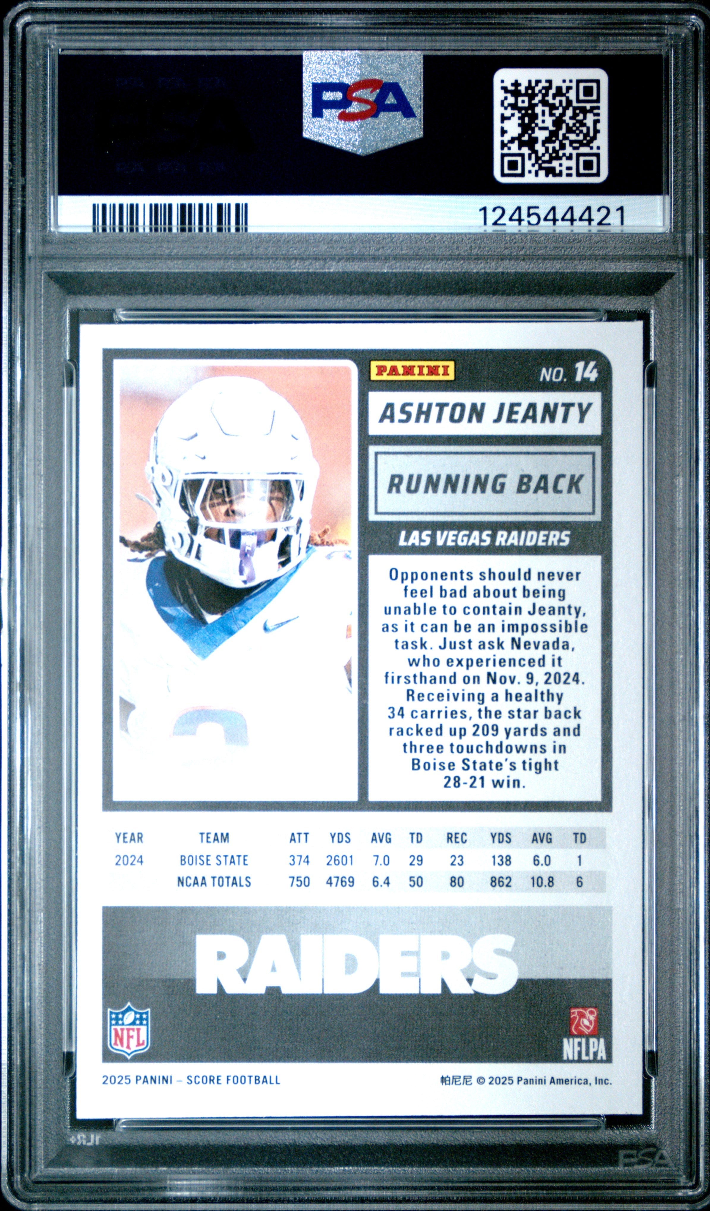Graded 2025 Panini Score Ashton Jeanty #14 Rookie RC Football Card PSA 8 Near Mint