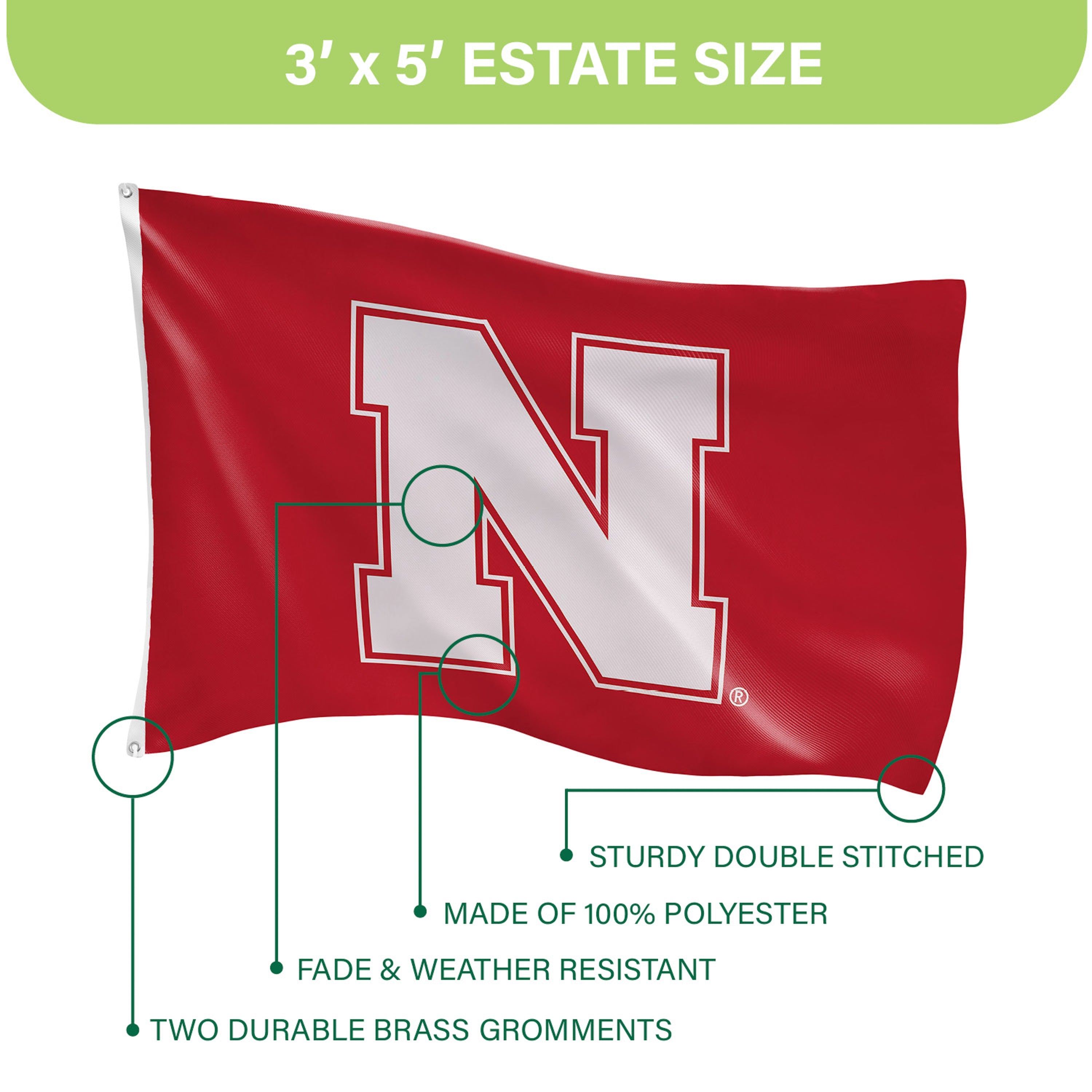 University of Nebraska Single Sided Estate Flag with 2 Grommets, 3'x5' - Sports Gifts, Sports Memorabilia, Sports Collectibles, Fan Shop