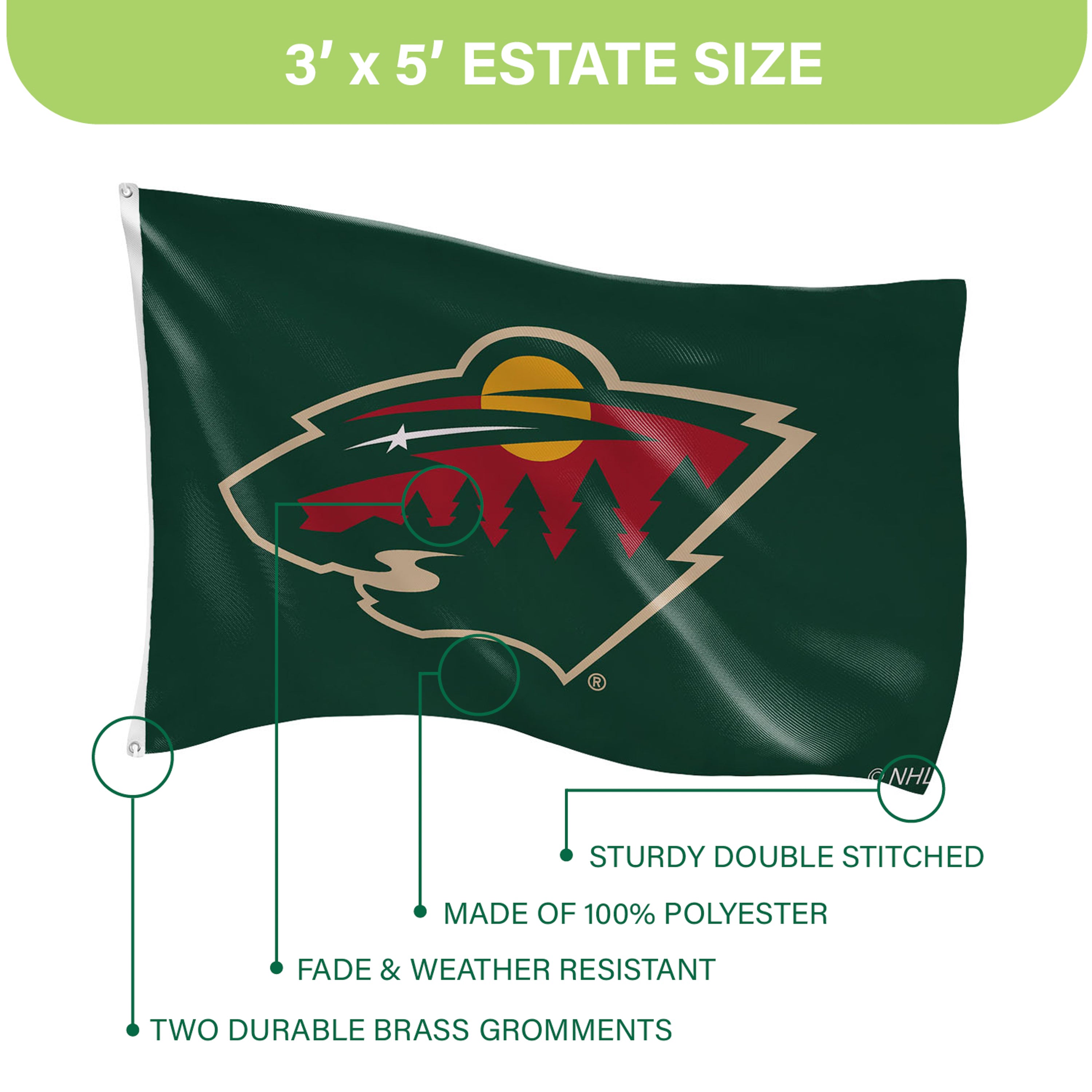 3'x5' Single Sided Flag w/ 2 Grommets, Minnesota Wild - Sports Gifts, Sports Memorabilia, Sports Collectibles, Fan Shop