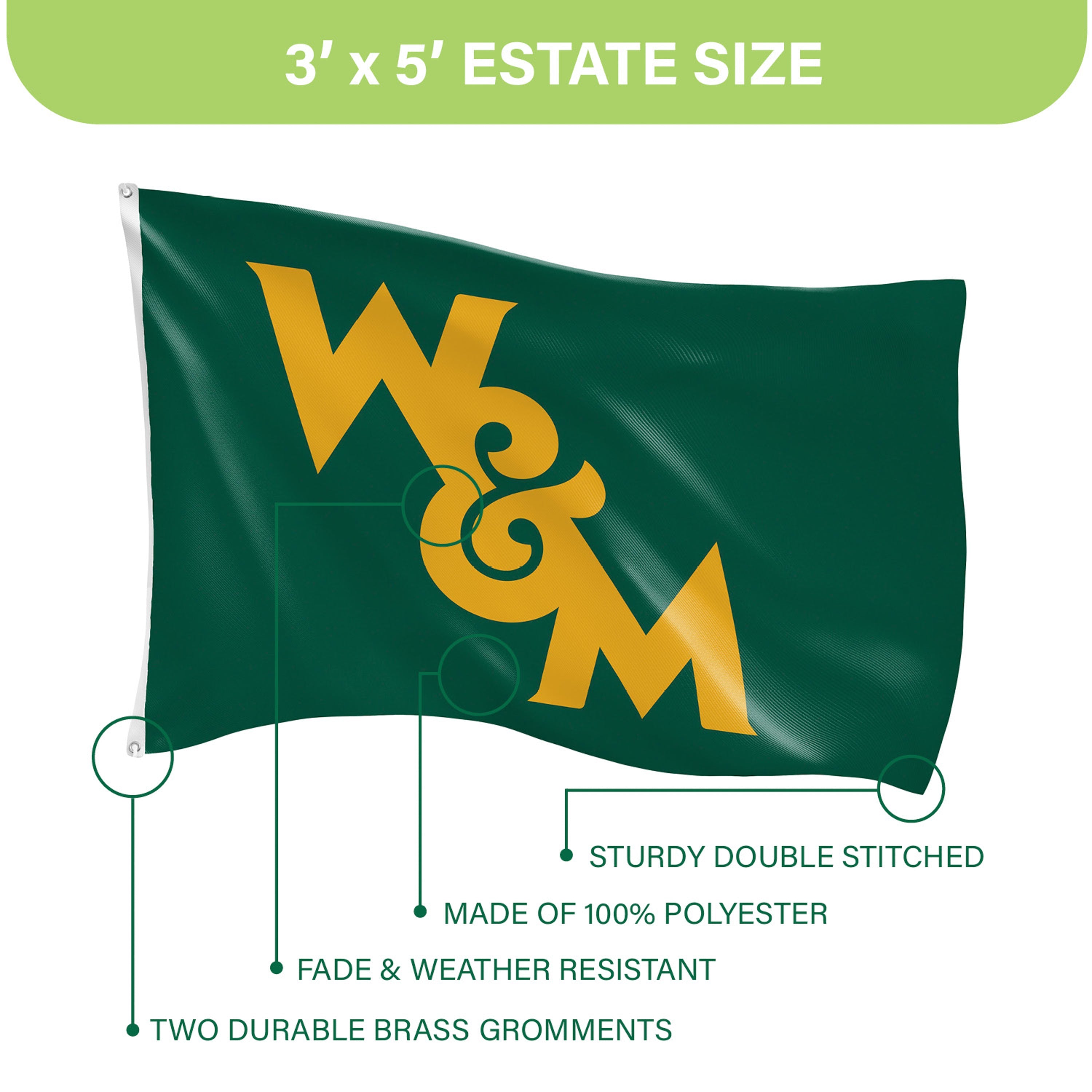 William & Mary Single Sided Flag w/ 2 Grommets, 3'x5' - Sports Gifts, Sports Memorabilia, Sports Collectibles, Fan Shop