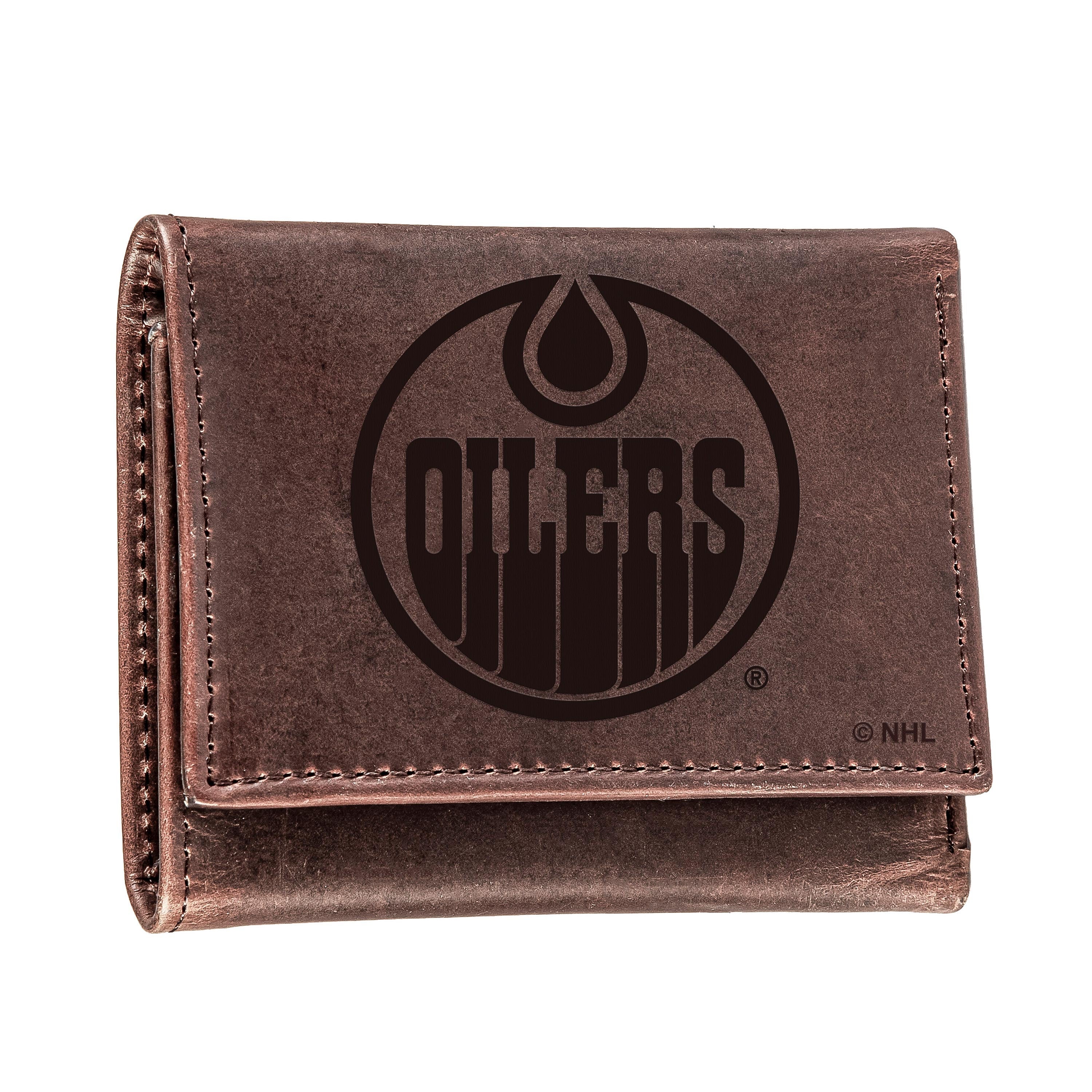 Edmonton Oilers, Tri-Fold Wallet, Brown, CH, 100% Genuine Leather - Sports Collectibles, Sports Memorabilia, Sports Fan Shop, Sports Gifts
