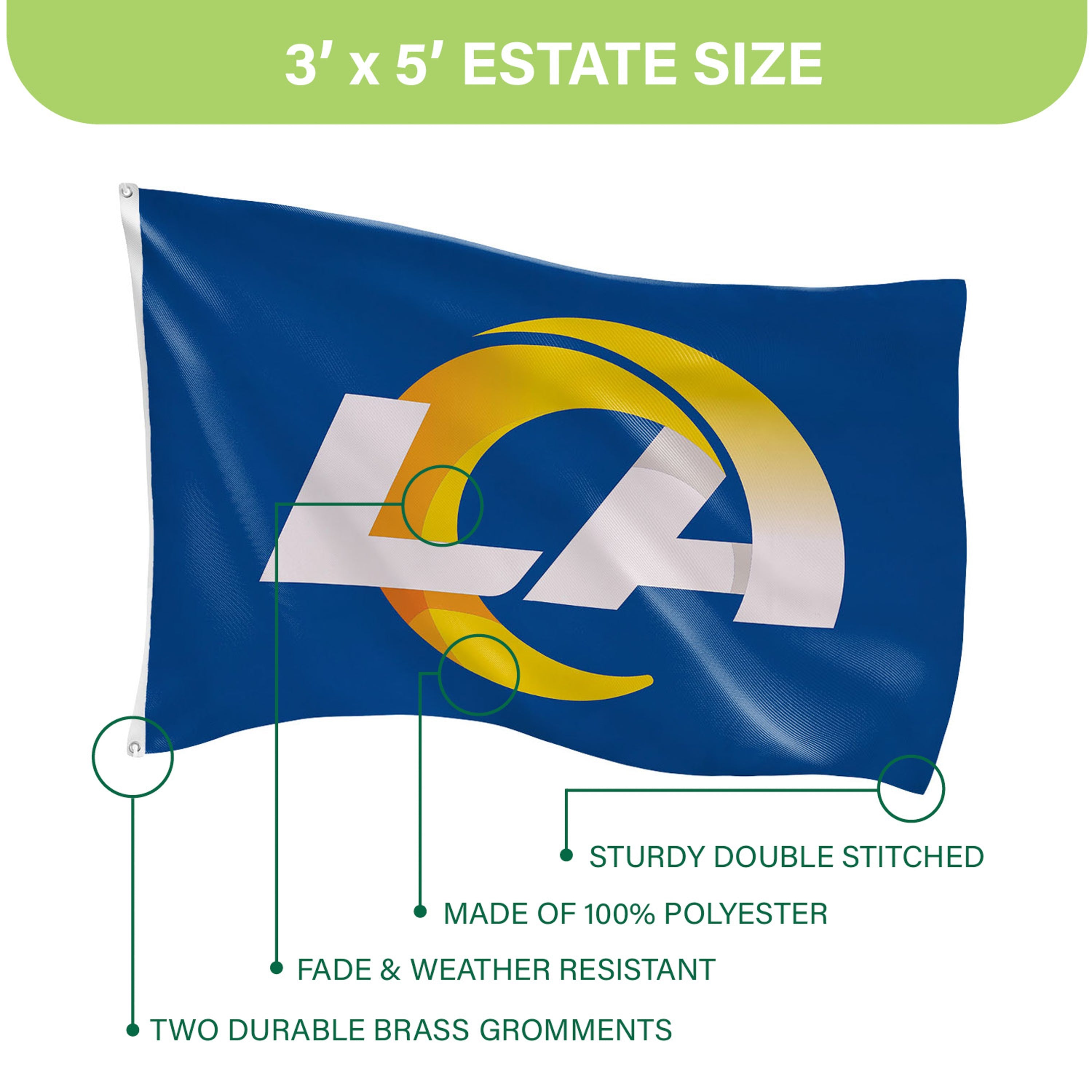 3'x5' Single Sided Flag w/ 2 Grommets, Los Angeles Rams