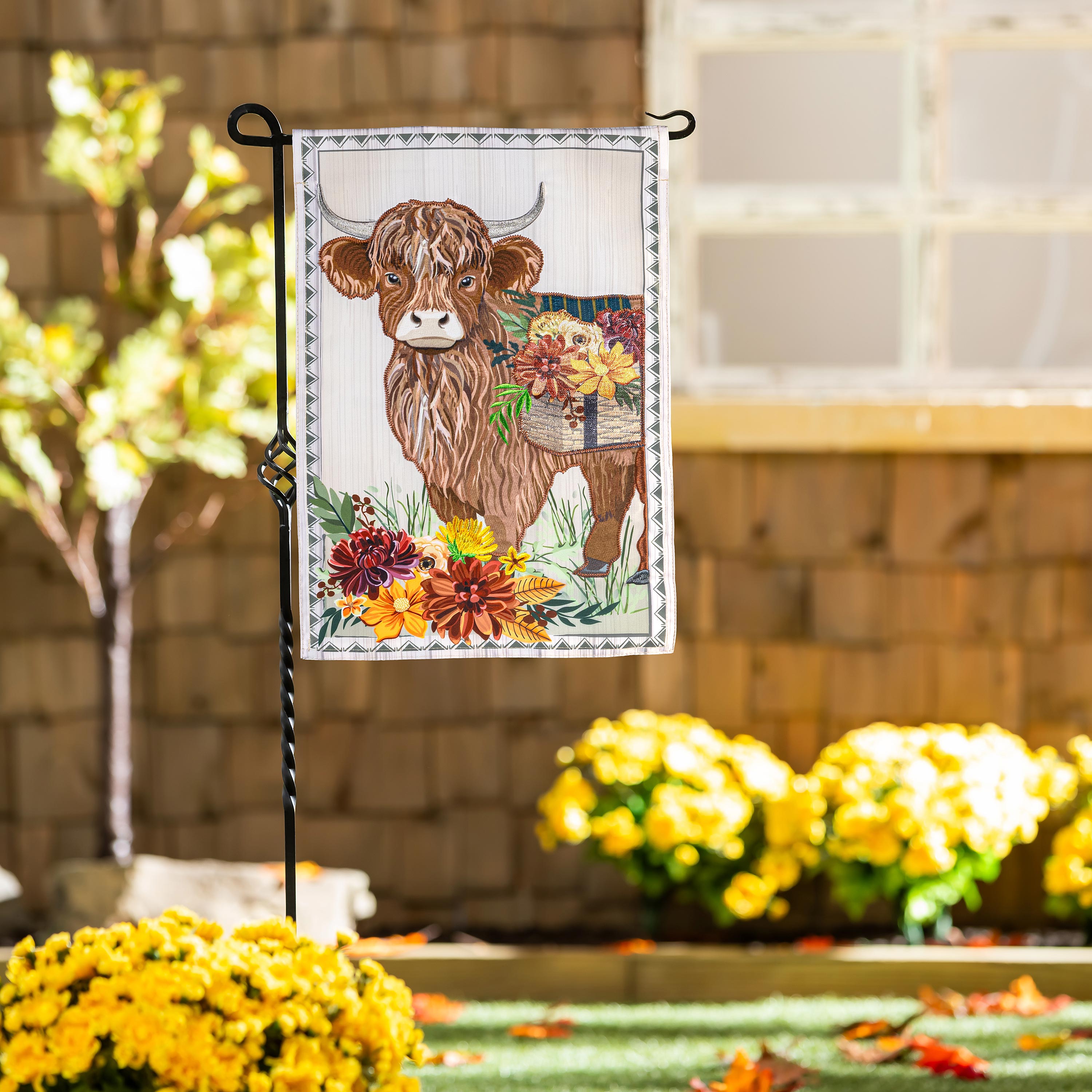 Highland Cow Fall Floral Applique Garden Flag - Sports Collectibles, Sports Memorabilia, Sports Fan Shop, Sports Gifts