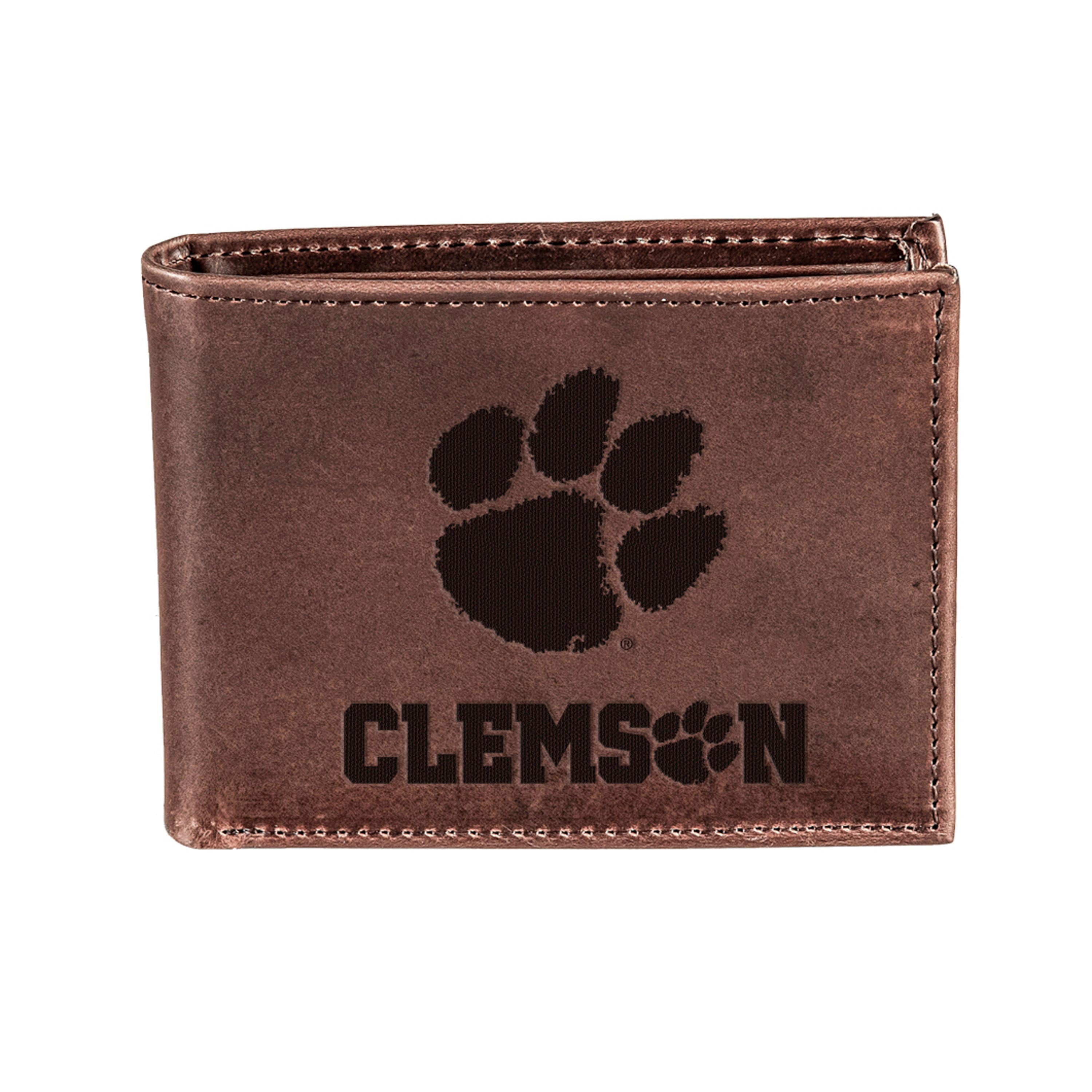 Clemson University, Bi-Fold Wallet, Brown, CH, 100% Genuine Leather - Sports Collectibles, Sports Memorabilia, Sports Fan Shop, Sports Gifts