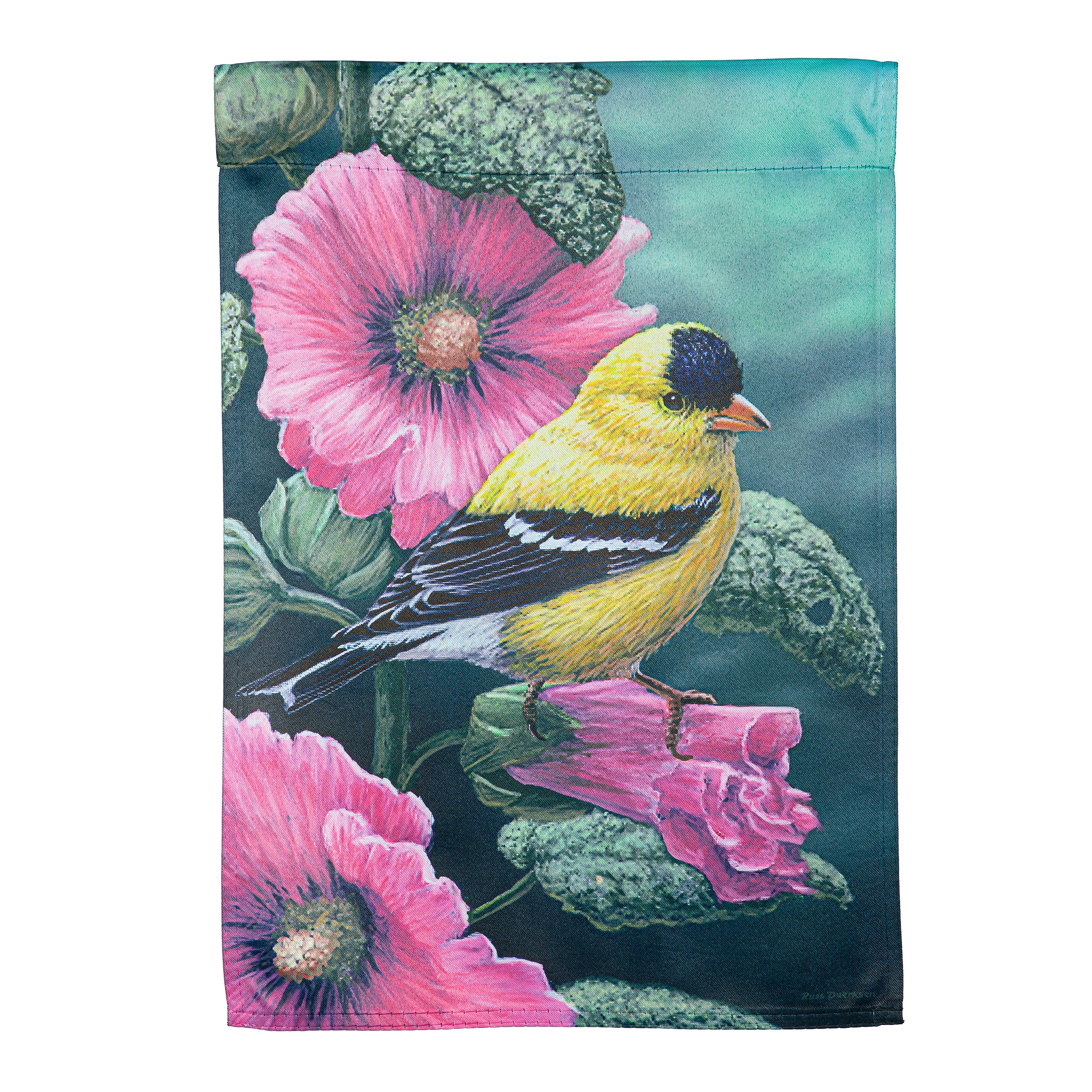 Goldfinch on Hollyhocks Suede Garden Flag - Sports Collectibles, Sports Memorabilia, Sports Fan Shop, Sports Gifts