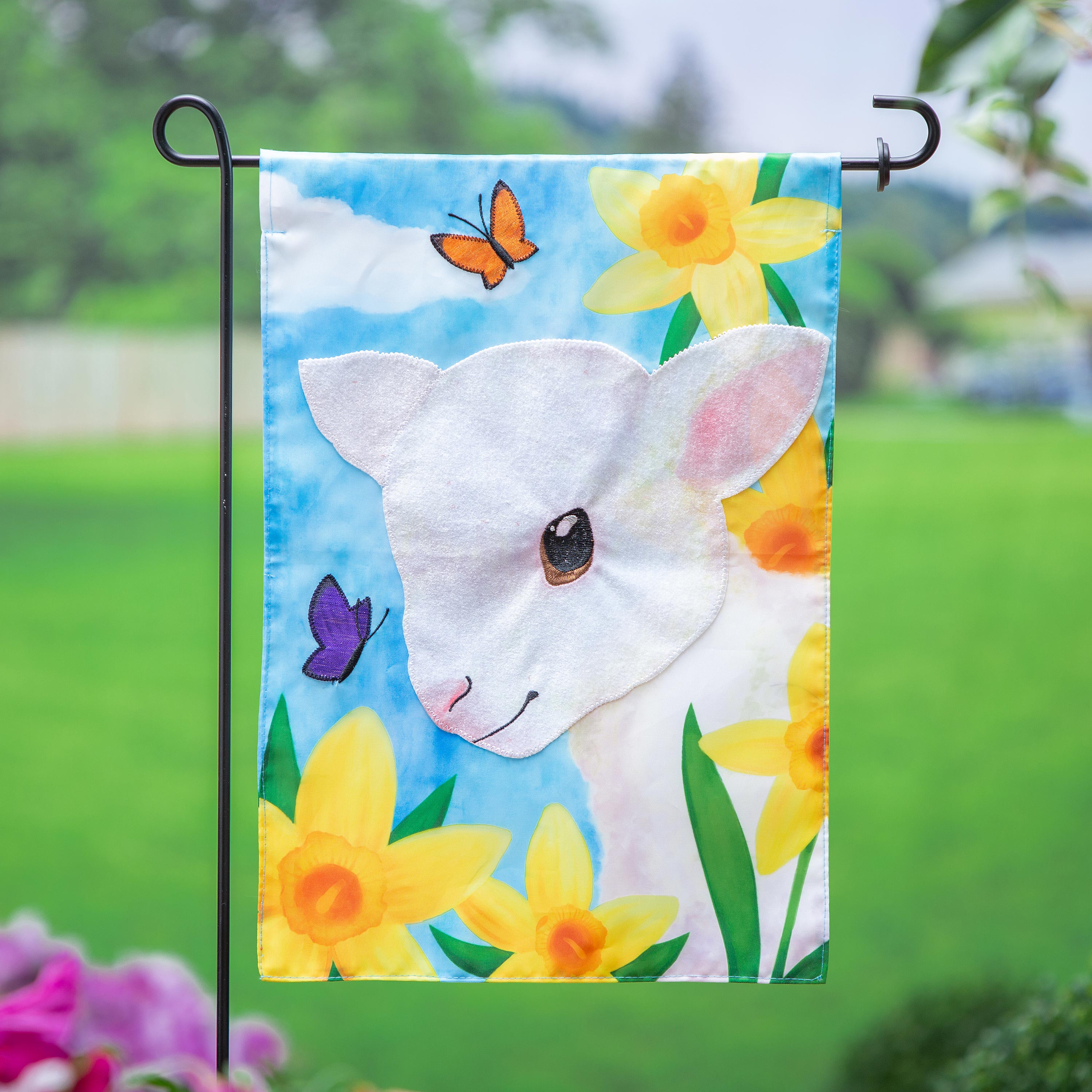 Lamb in Daffodil Field Applique Garden Flag - Sports Gifts, Sports Memorabilia, Sports Collectibles, Fan Shop