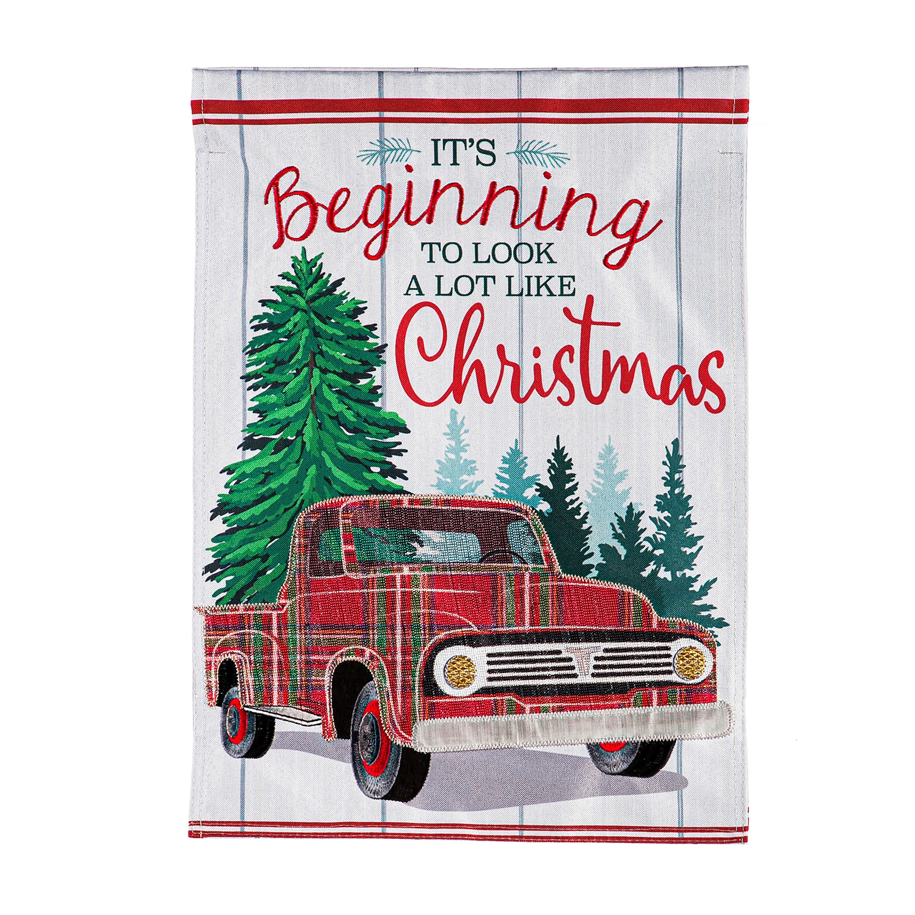 Plaid Christmas Truck House Linen Flag - Sports Collectibles, Sports Memorabilia, Sports Fan Shop, Sports Gifts