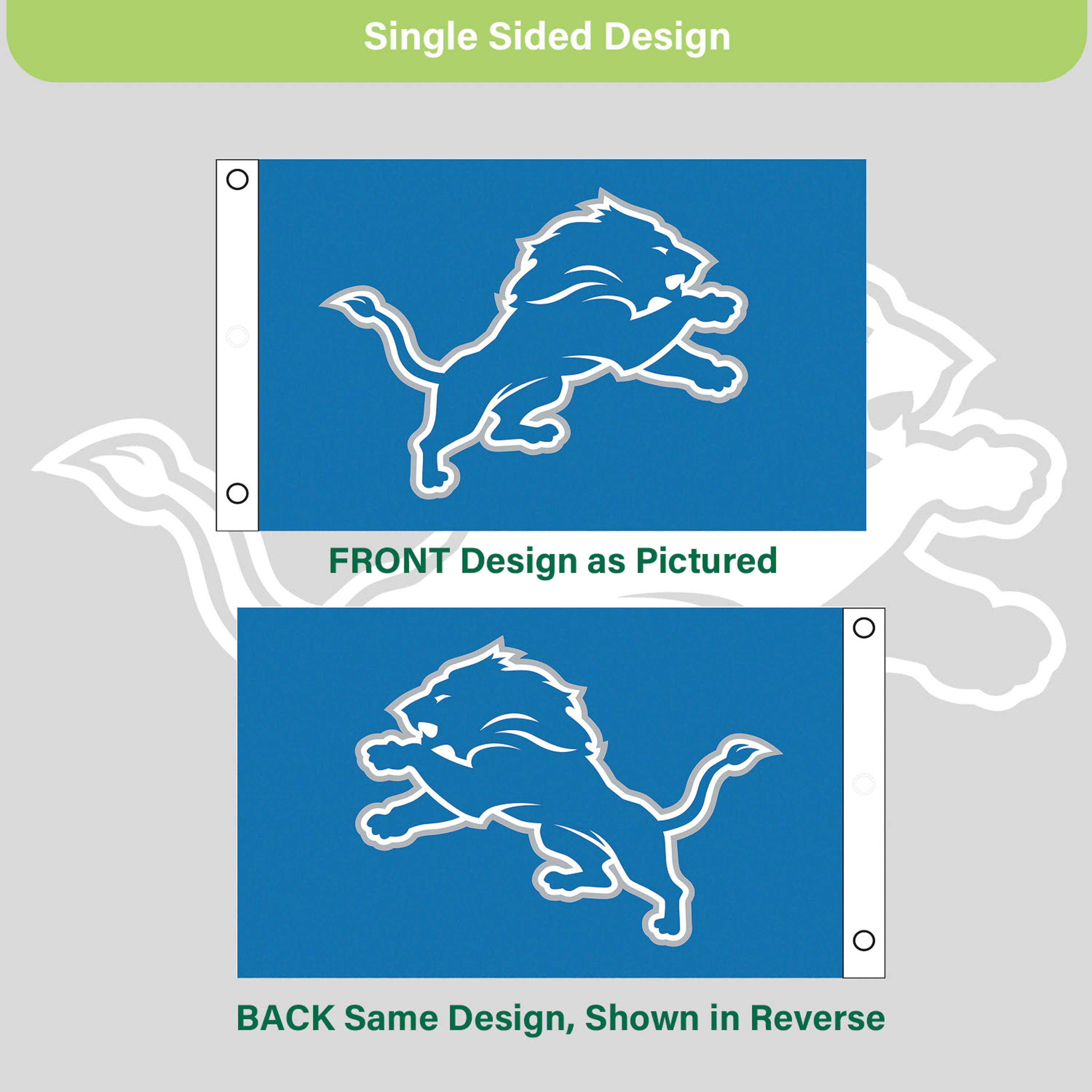 Detroit Lions Single Sided Flag w/ 2 Grommets, 3'x5' - Sports Gifts, Sports Memorabilia, Sports Collectibles, Fan Shop