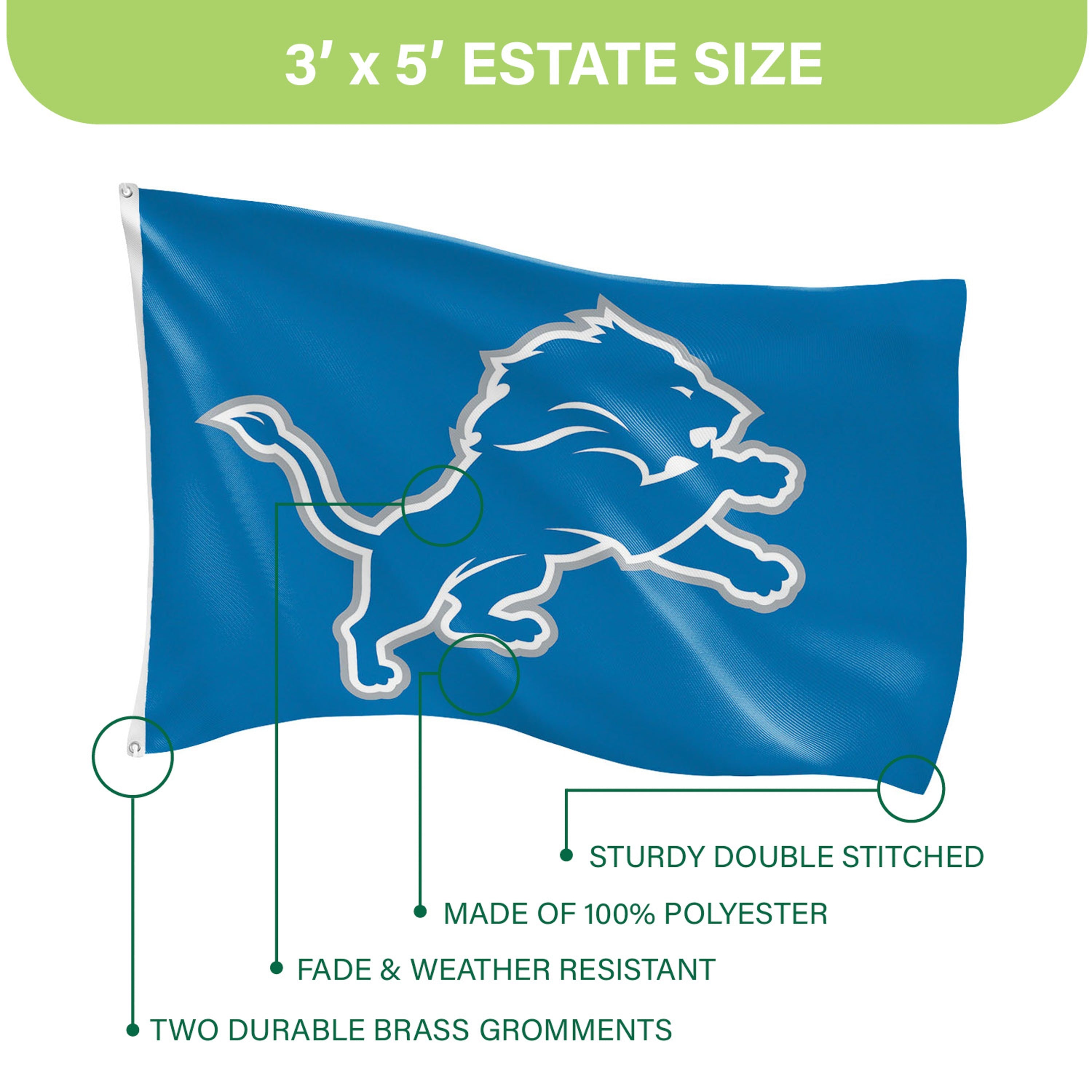 Detroit Lions Single Sided Flag w/ 2 Grommets, 3'x5' - Sports Gifts, Sports Memorabilia, Sports Collectibles, Fan Shop