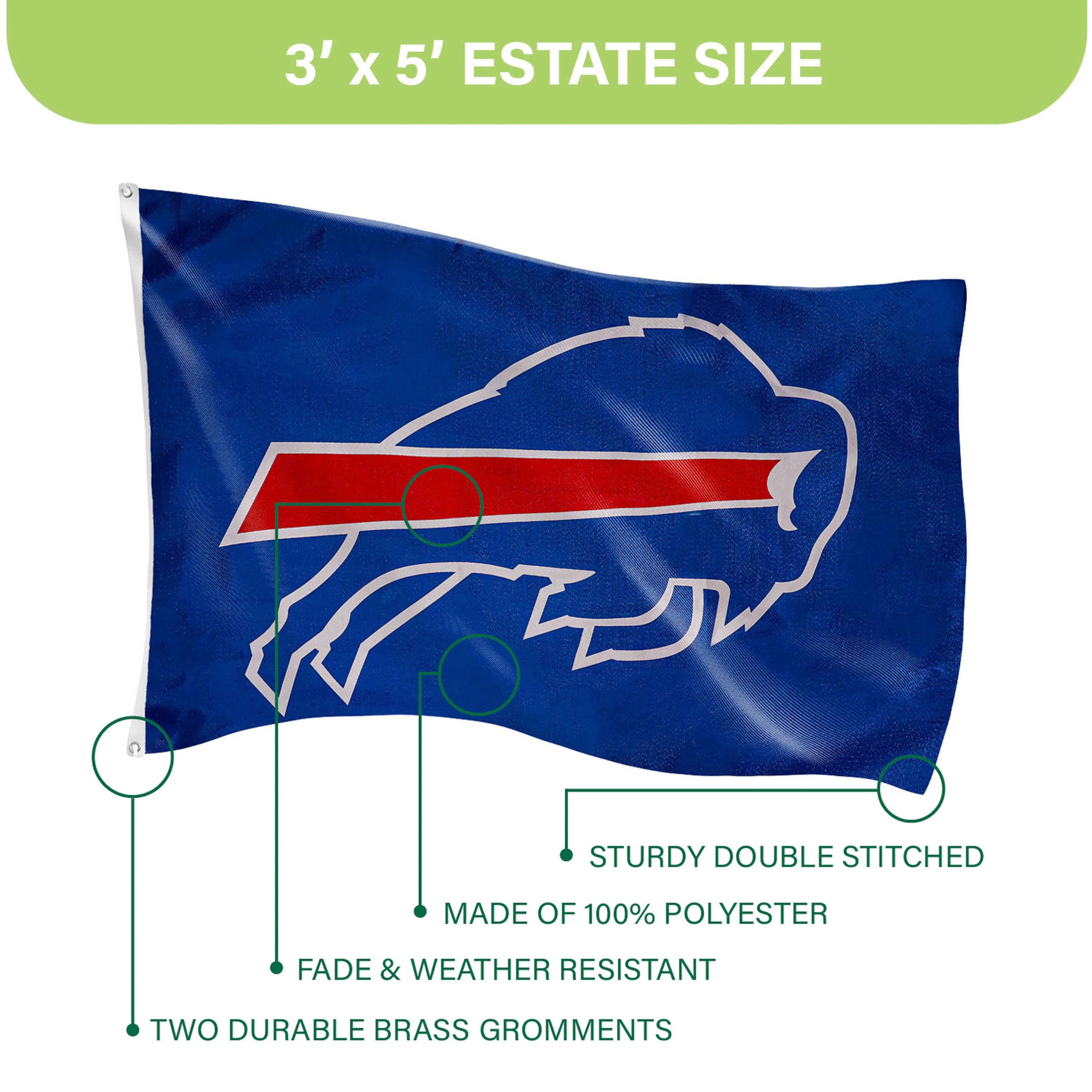 Buffalo Bills Single Sided Estate Flag with 2 Grommets, 3'x5' - Sports Gifts, Sports Memorabilia, Sports Collectibles, Fan Shop