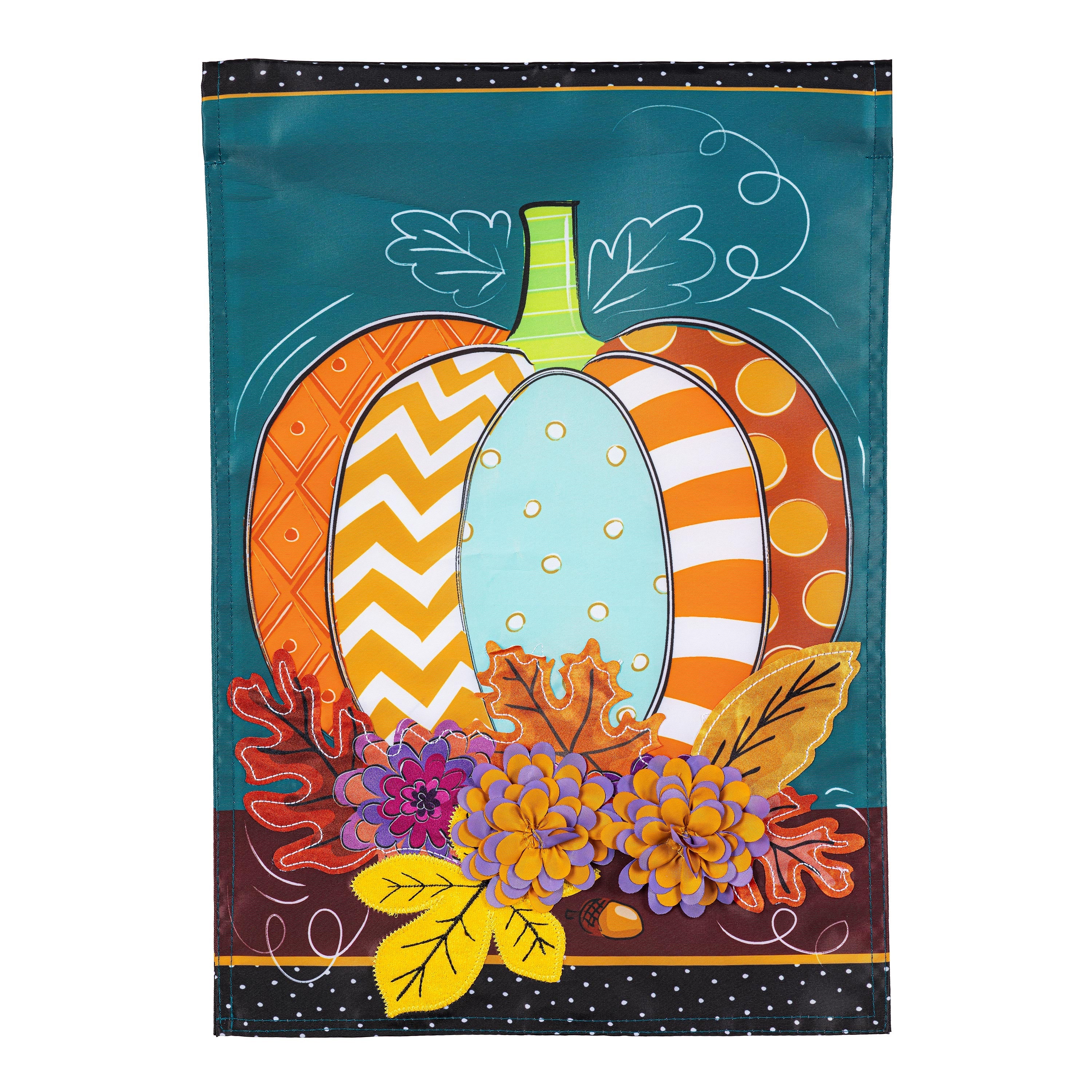 Pattern Pumpkin on Teal Applique House Flag - Sports Collectibles, Sports Memorabilia, Sports Fan Shop, Sports Gifts