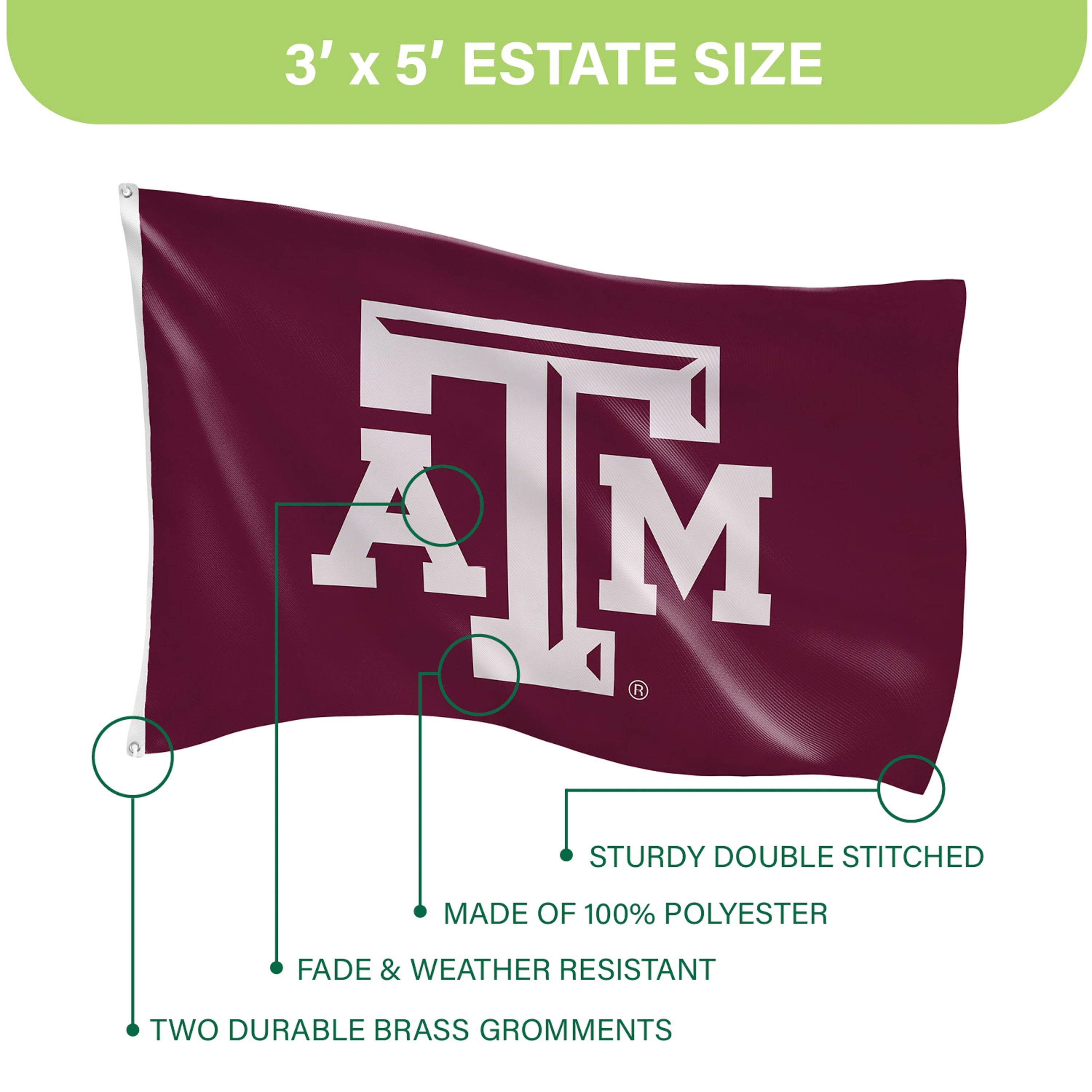 Texas A&M Single Sided Estate Flag with 2 Grommets, 3'x5' - Sports Gifts, Sports Memorabilia, Sports Collectibles, Fan Shop