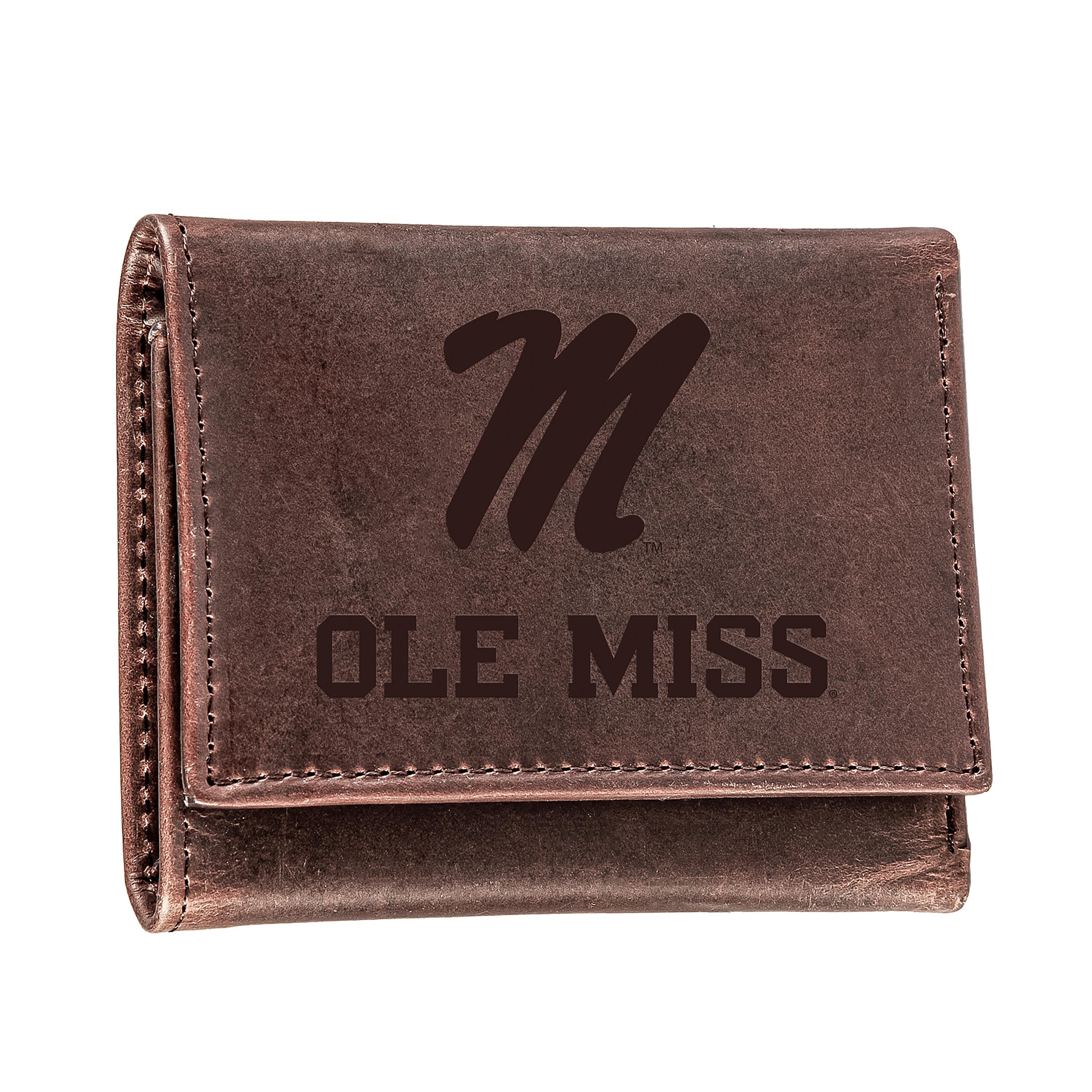 University of Mississippi, Tri-Fold Wallet, Brown, CH, 100% Genuine Leather - Sports Collectibles, Sports Memorabilia, Sports Fan Shop, Sports Gifts